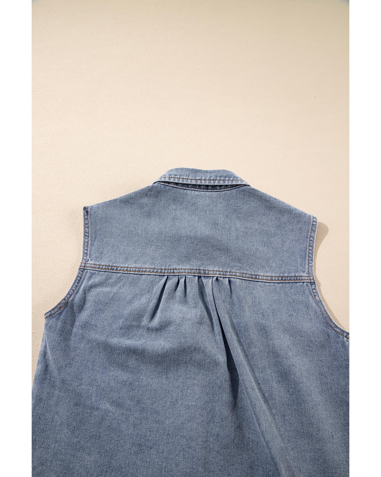 Beau Blue Denim Flap Pocket Curved Hem Shirt Vest - L
