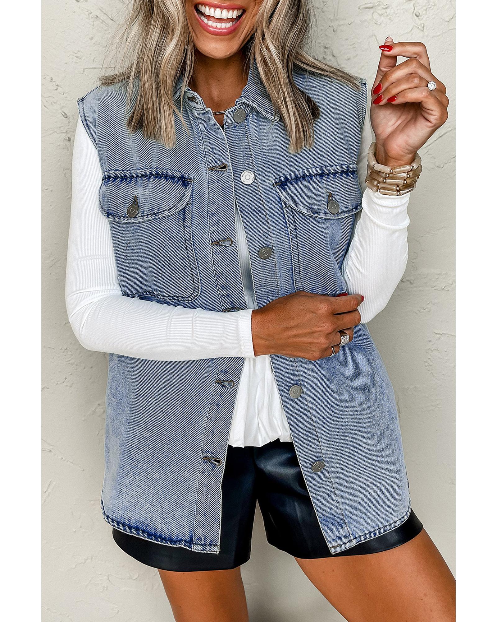 Beau Blue Denim Flap Pocket Curved Hem Shirt Vest - M