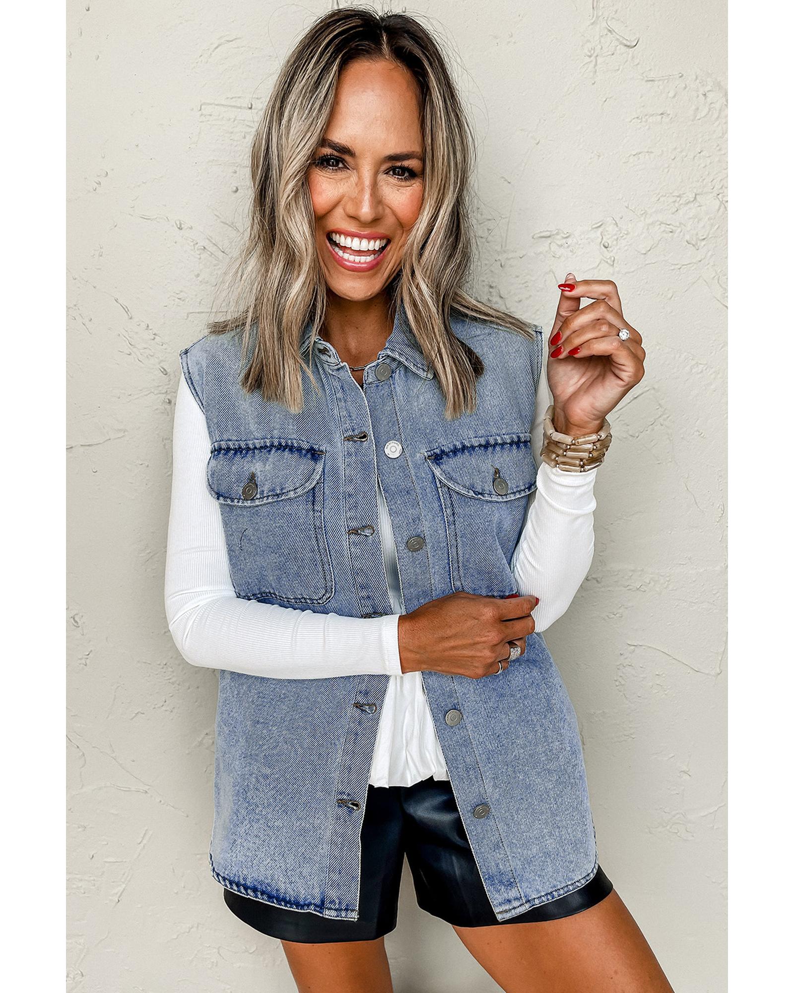 Beau Blue Denim Flap Pocket Curved Hem Shirt Vest - M
