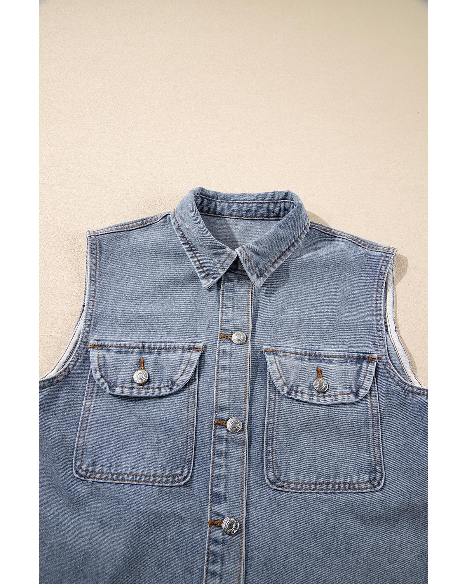 Beau Blue Denim Flap Pocket Curved Hem Shirt Vest - M