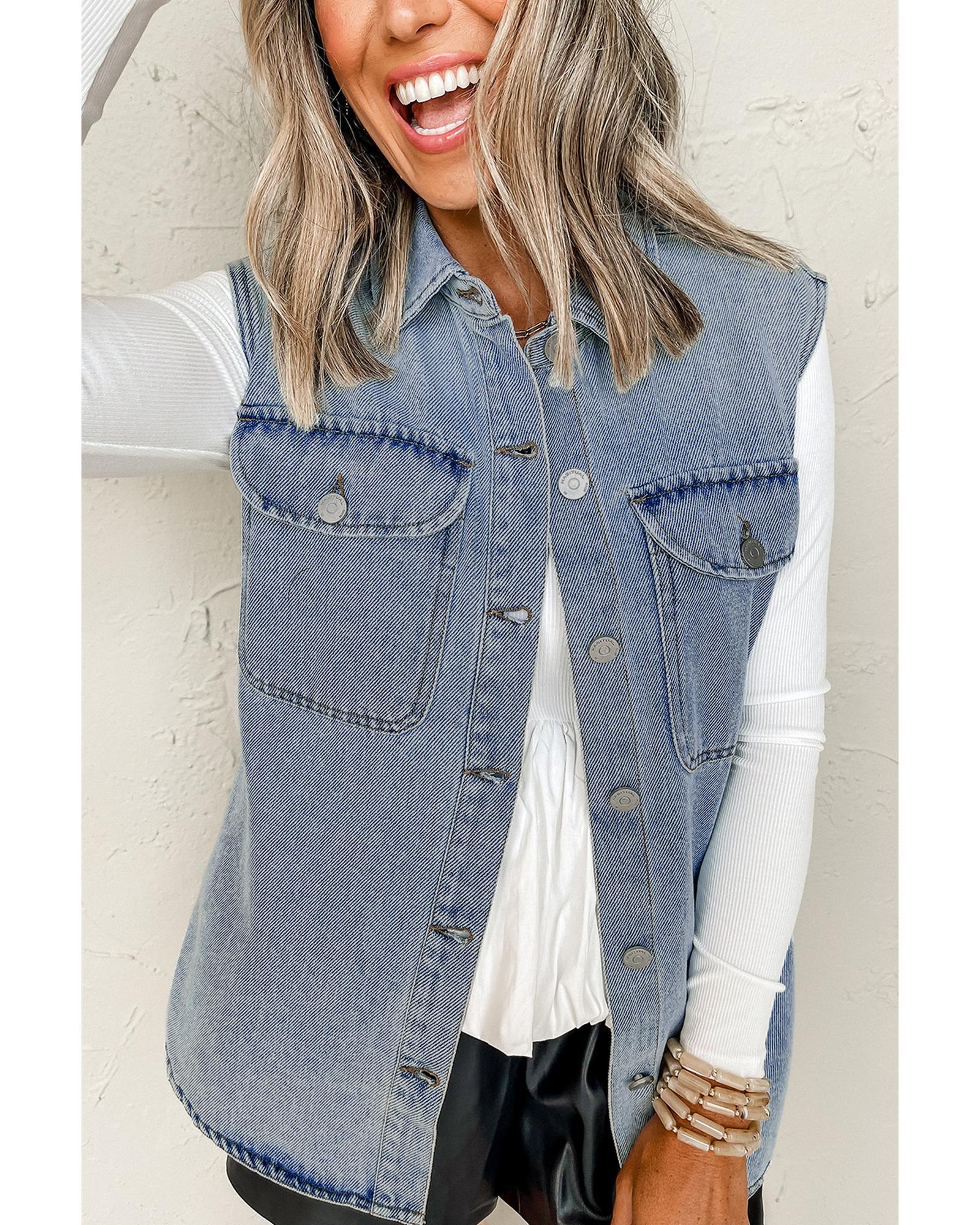 Beau Blue Denim Flap Pocket Curved Hem Shirt Vest - XL