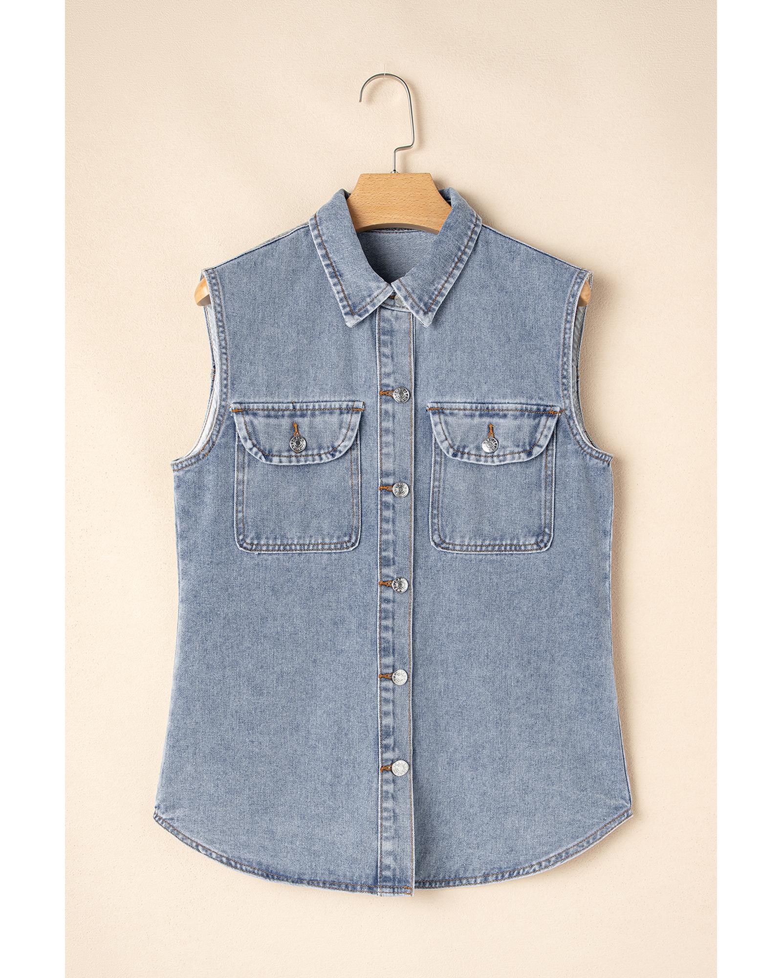 Beau Blue Denim Flap Pocket Curved Hem Shirt Vest - XL
