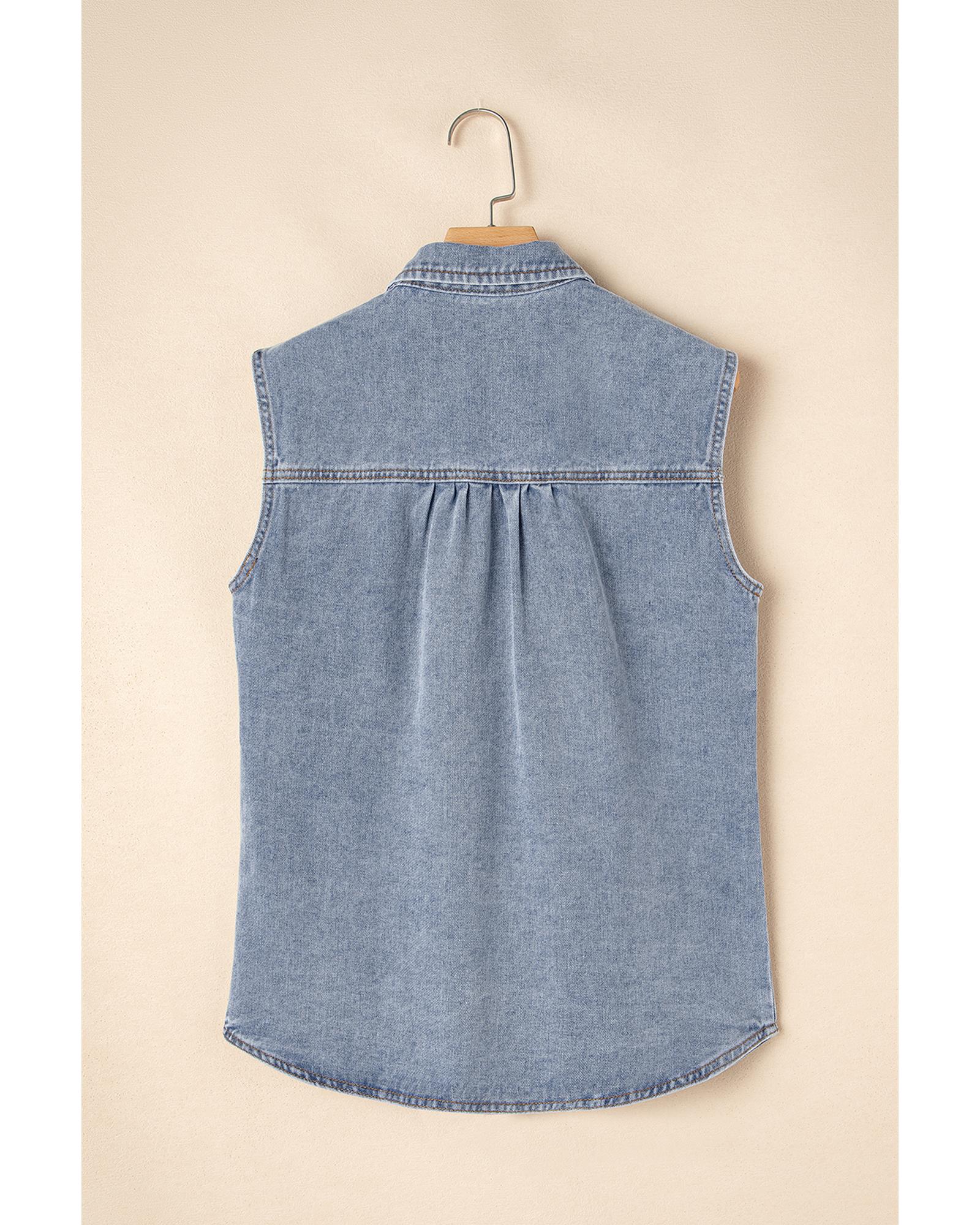 Beau Blue Denim Flap Pocket Curved Hem Shirt Vest - XL