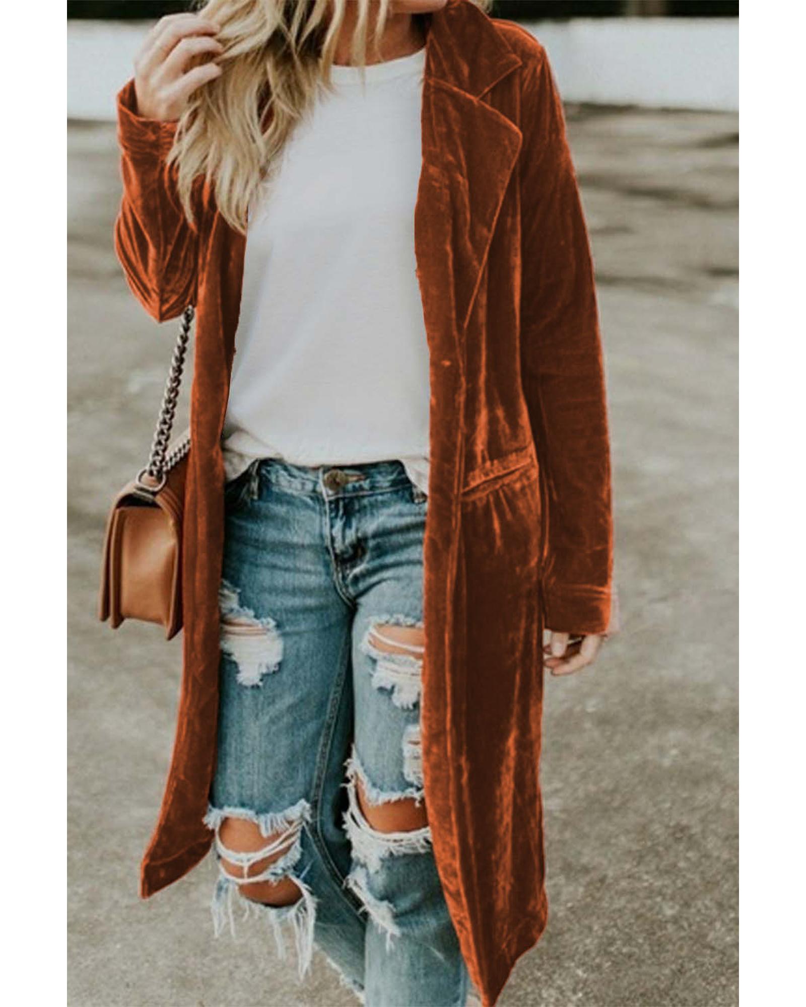 Brown Retro Velvet Long Sleeve Pocket Coat - M