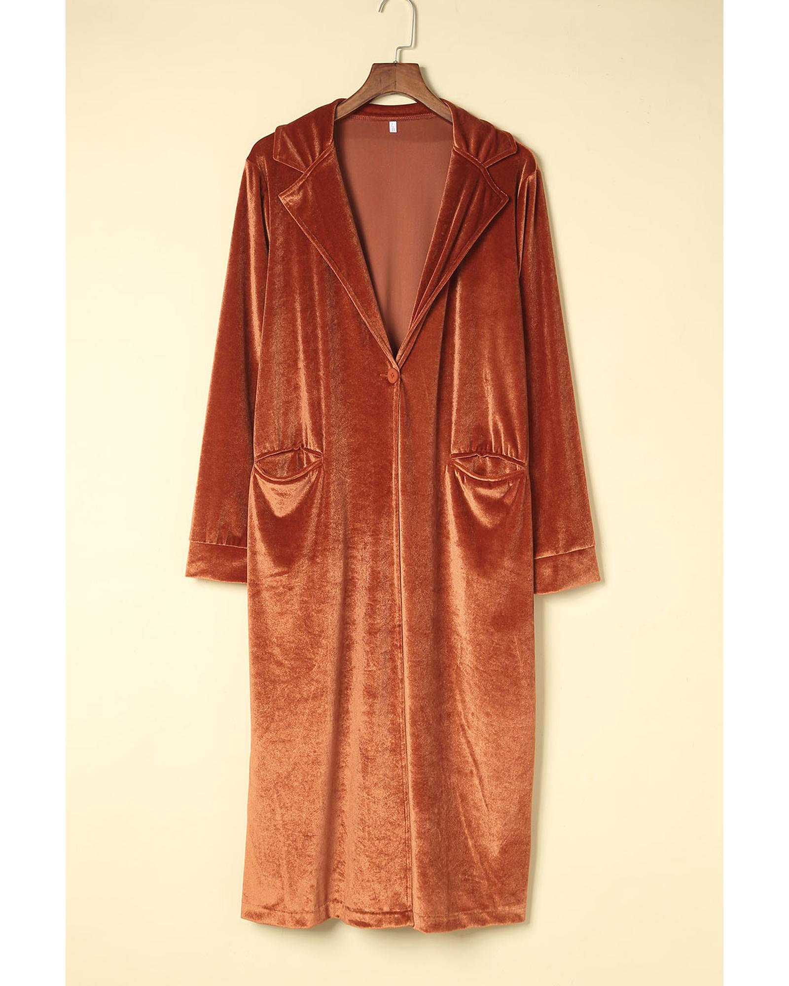 Brown Retro Velvet Long Sleeve Pocket Coat - M