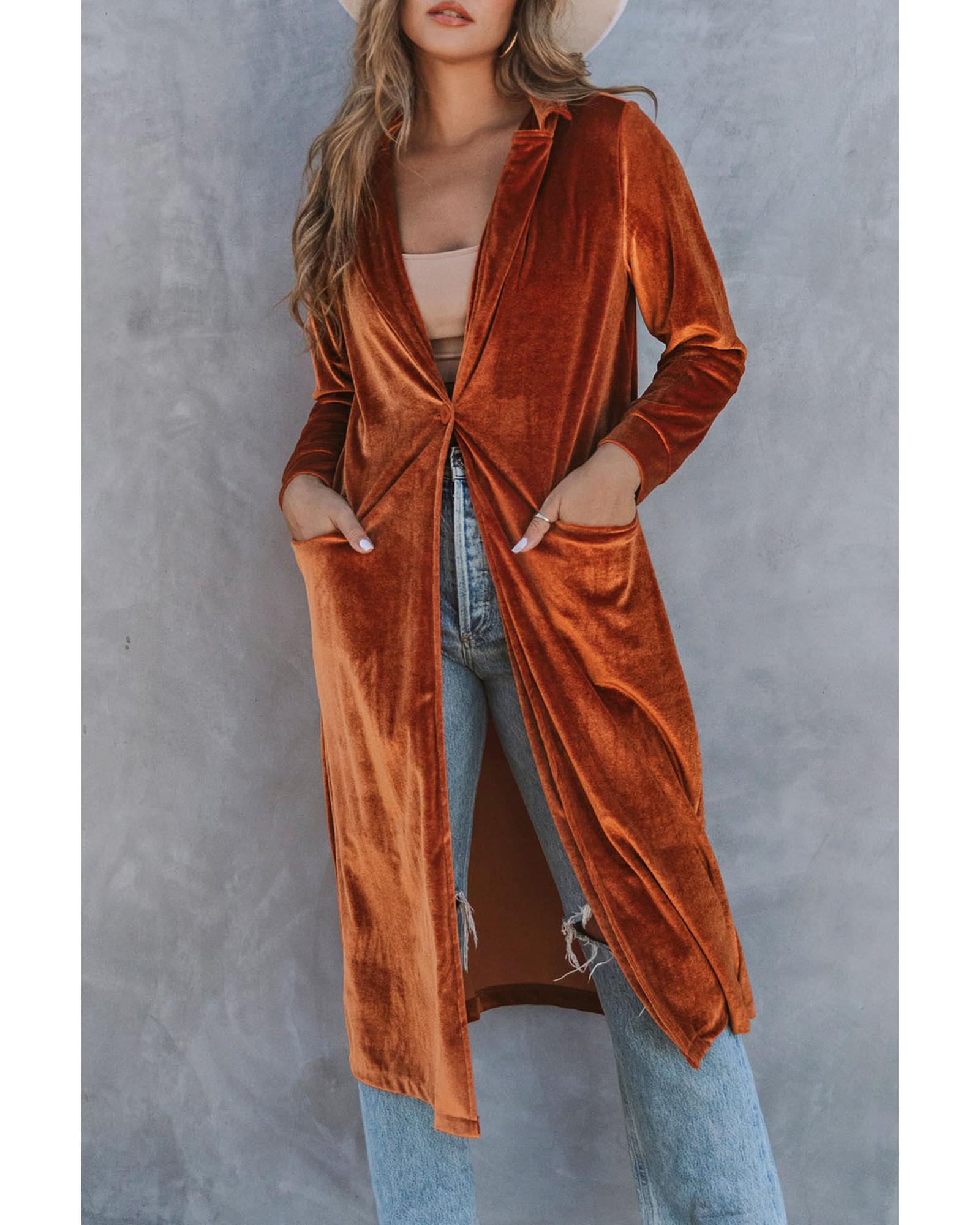 Brown Retro Velvet Long Sleeve Pocket Coat - M