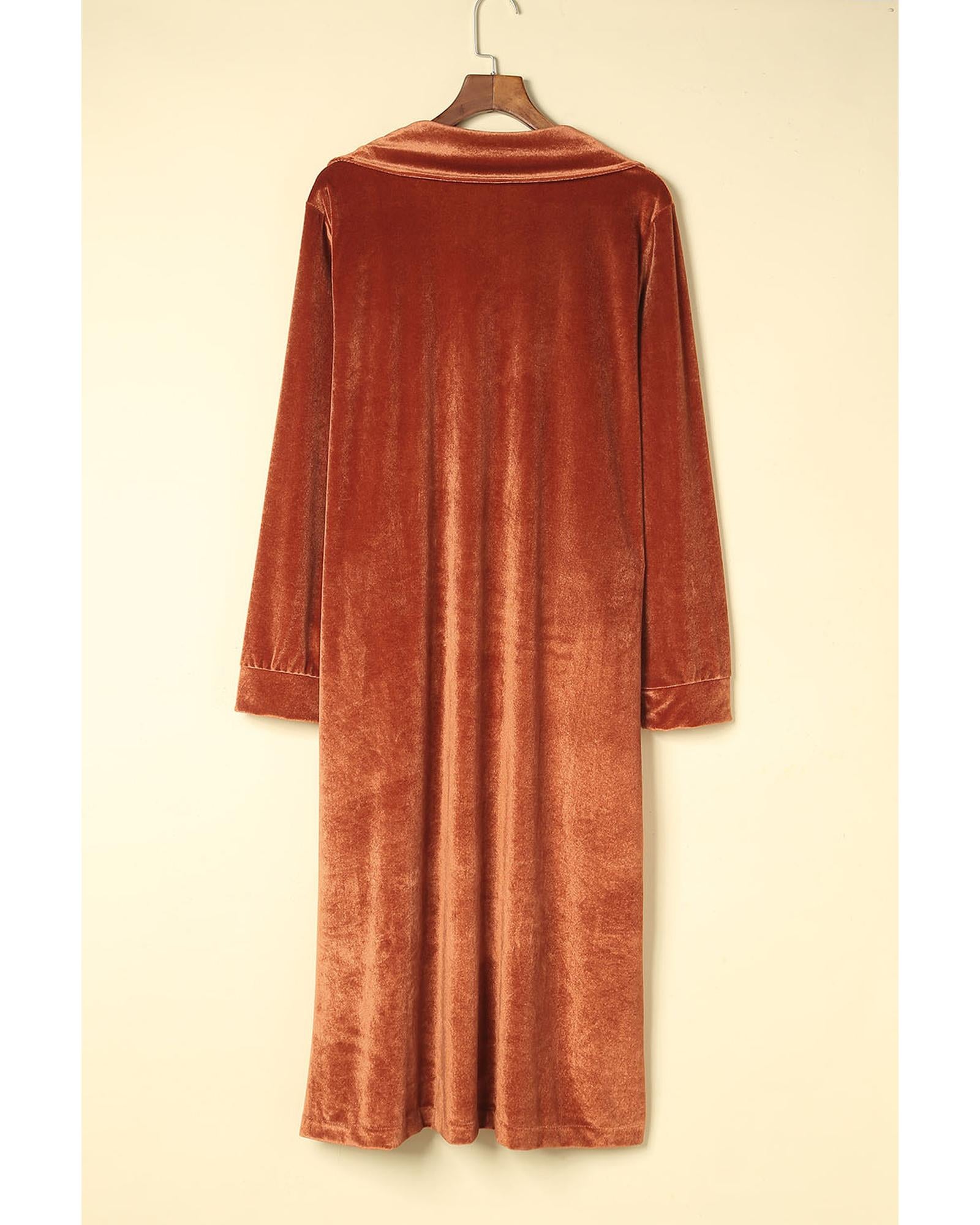Brown Retro Velvet Long Sleeve Pocket Coat - M