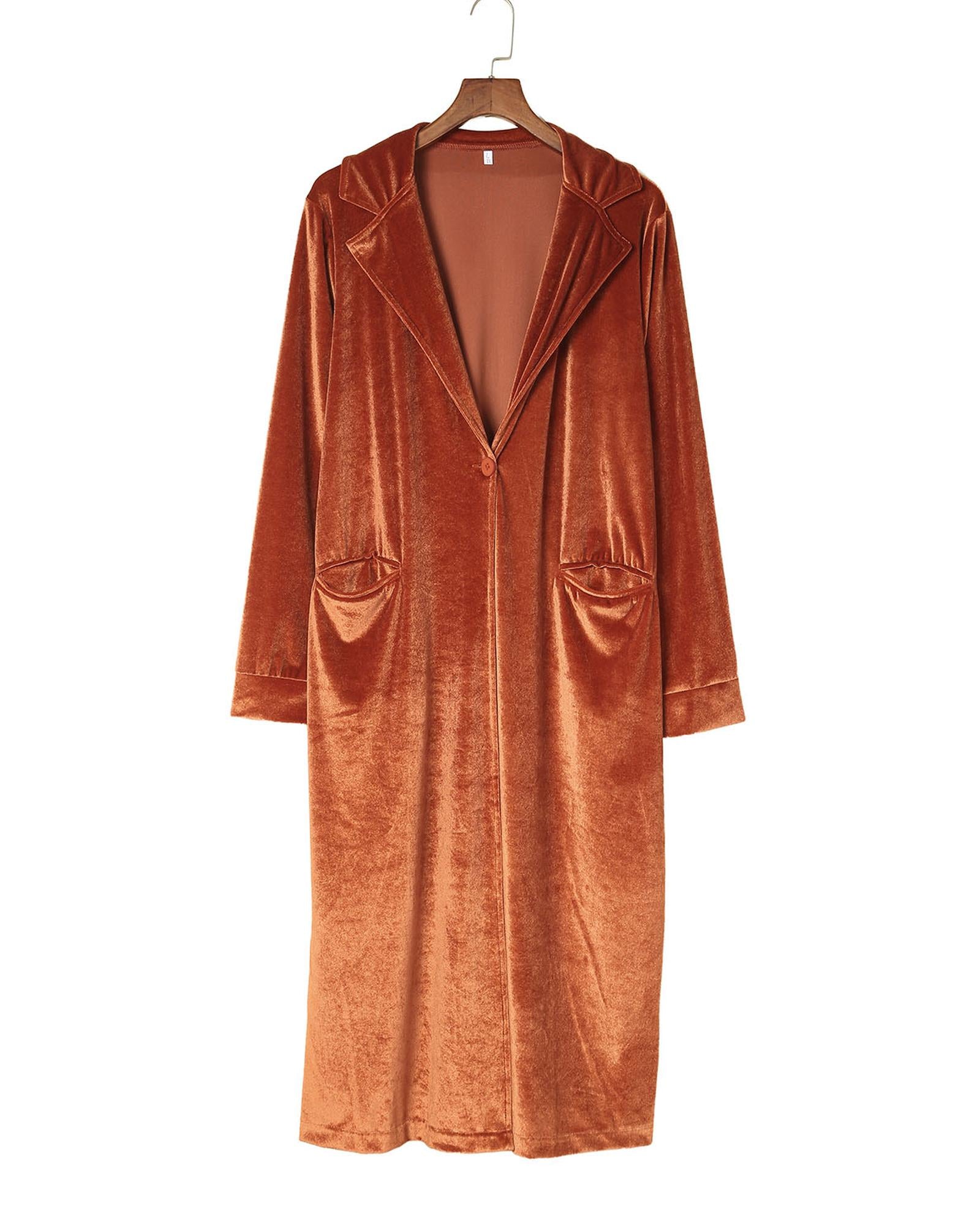 Brown Retro Velvet Long Sleeve Pocket Coat - S