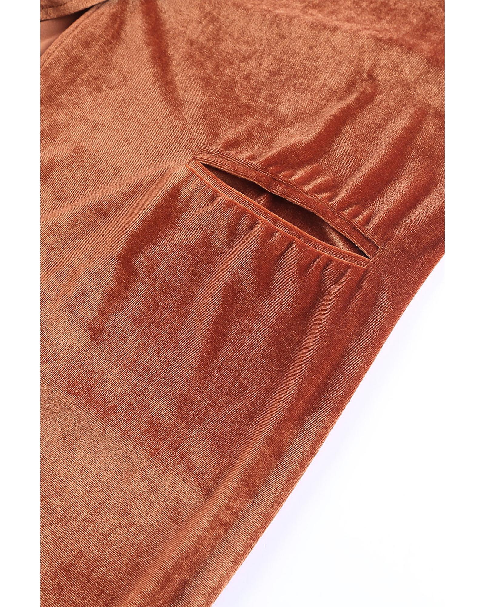 Brown Retro Velvet Long Sleeve Pocket Coat - S