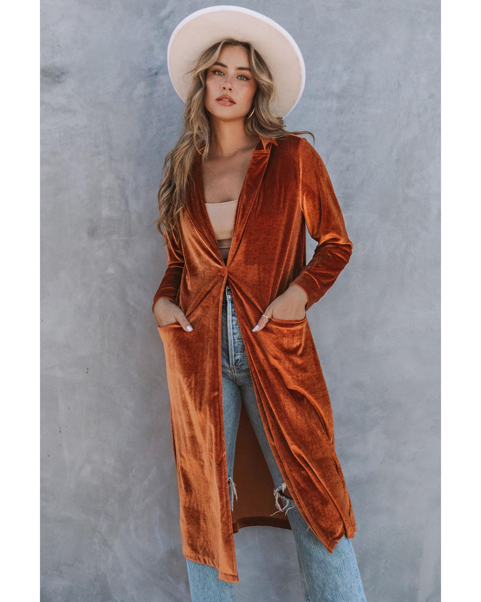 Brown Retro Velvet Long Sleeve Pocket Coat - S