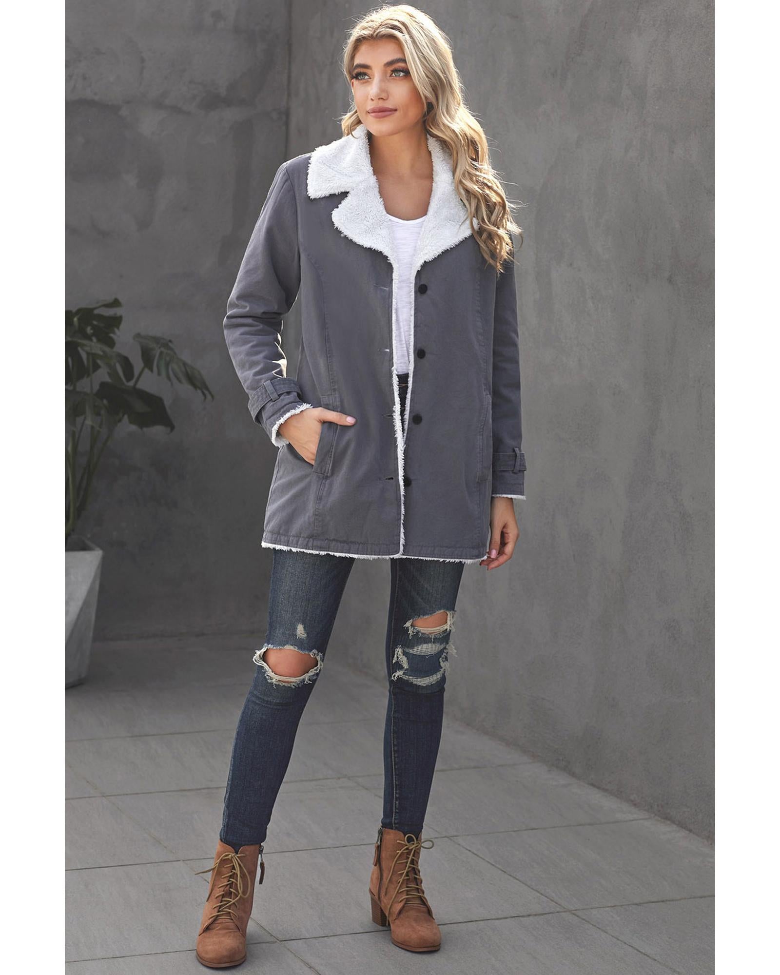 Gray Lapel Collar Button Fleece Jacket - 2XL