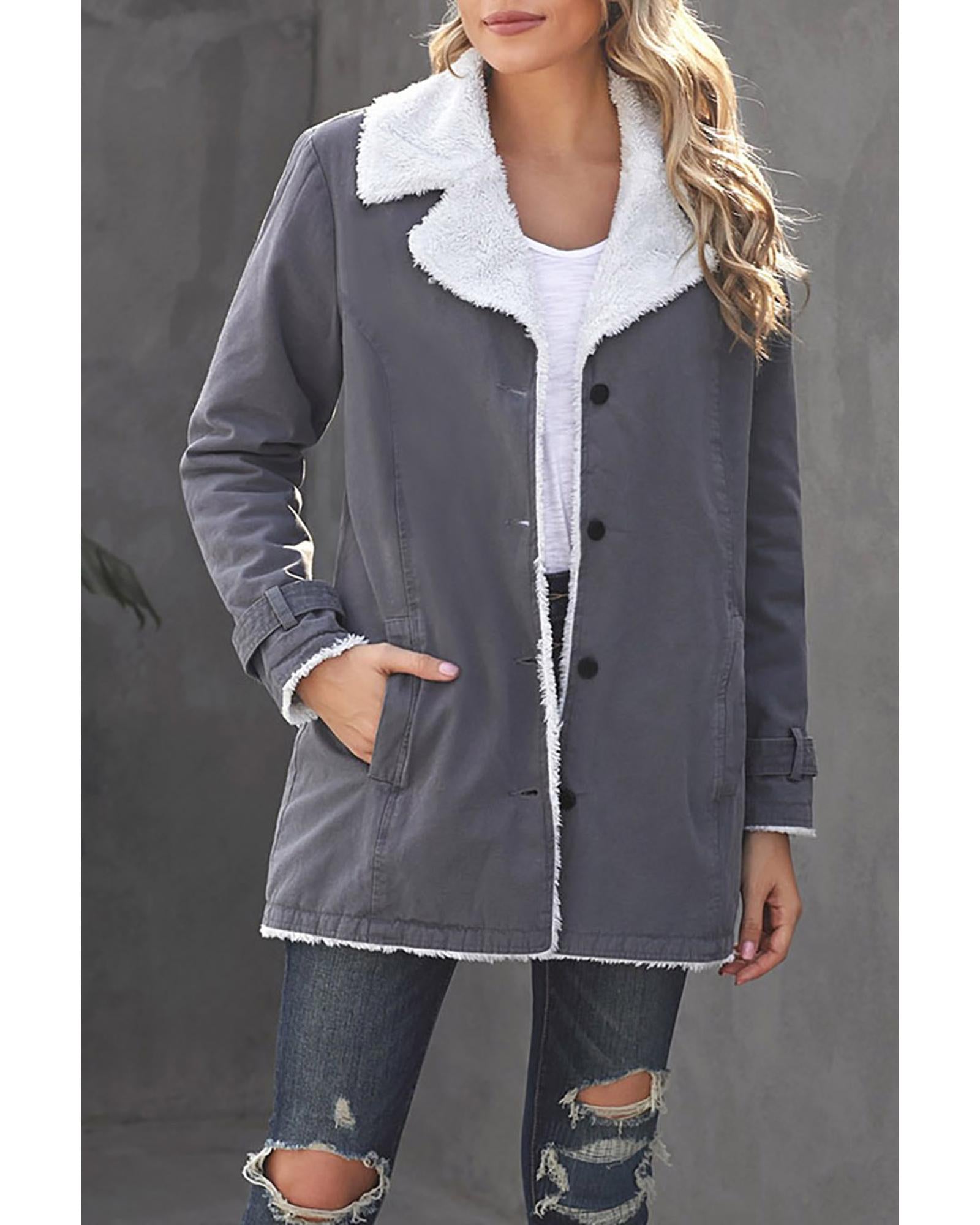 Gray Lapel Collar Button Fleece Jacket - 2XL