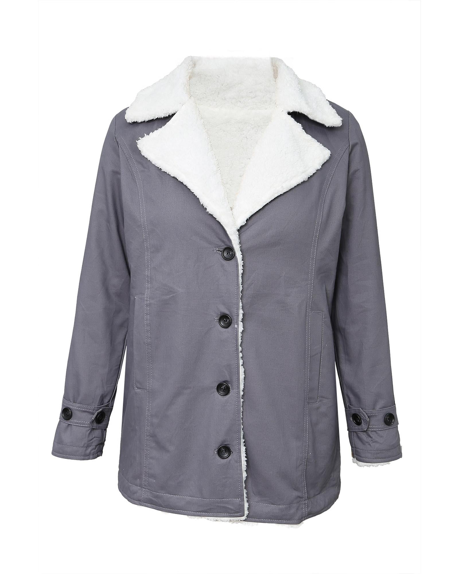 Gray Lapel Collar Button Fleece Jacket - 2XL