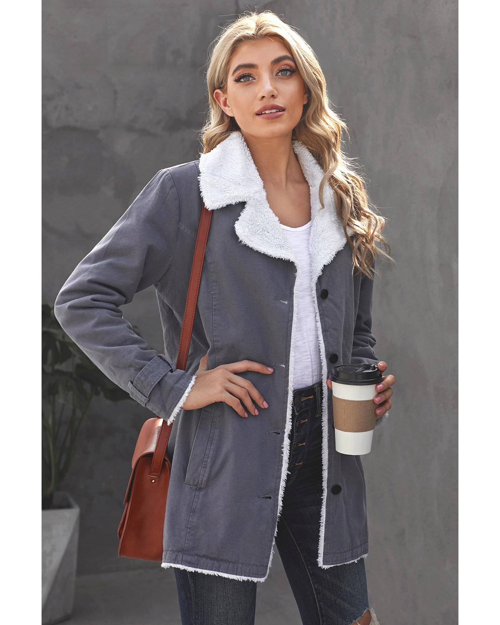 Gray Lapel Collar Button Fleece Jacket - S