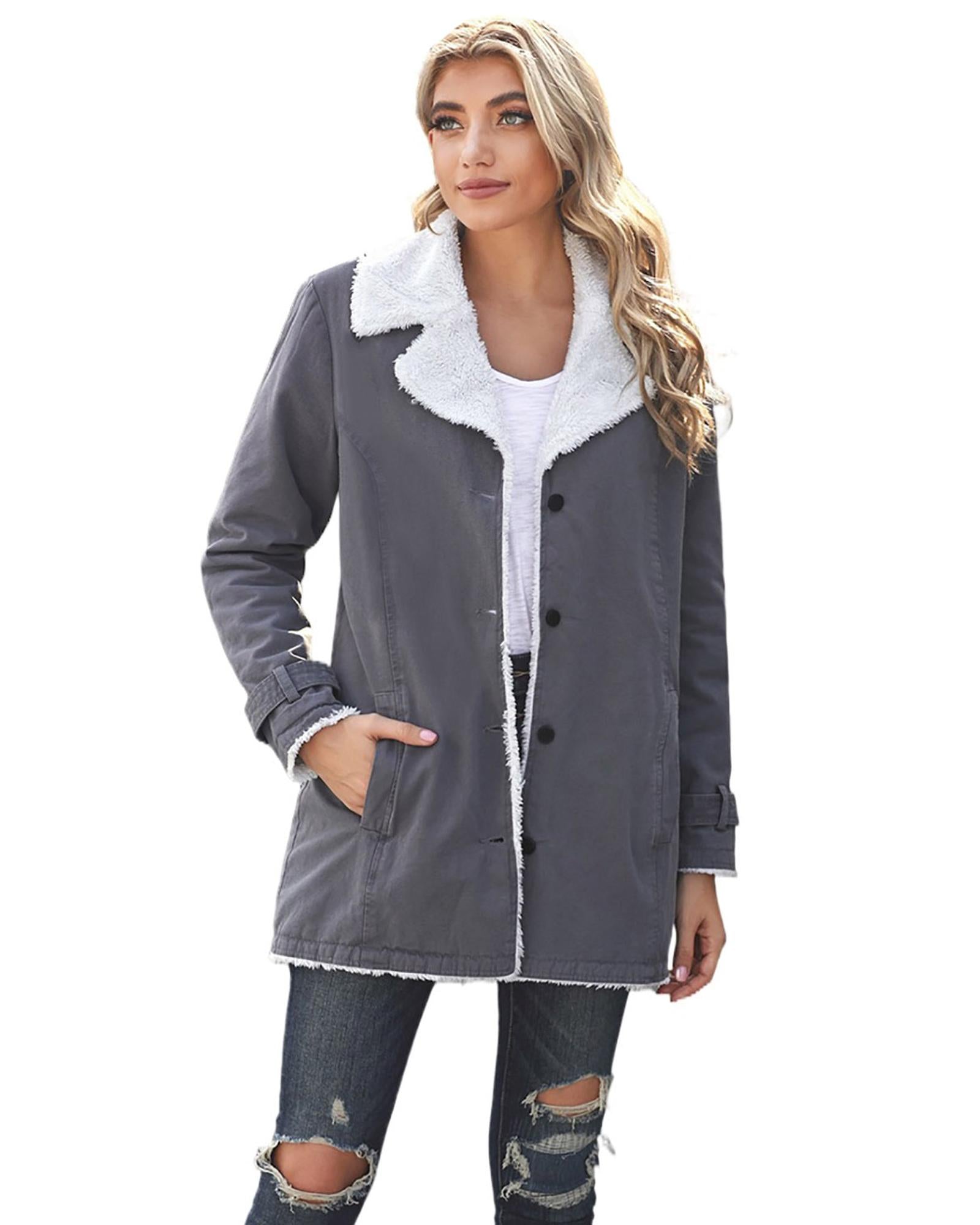 Gray Lapel Collar Button Fleece Jacket - S