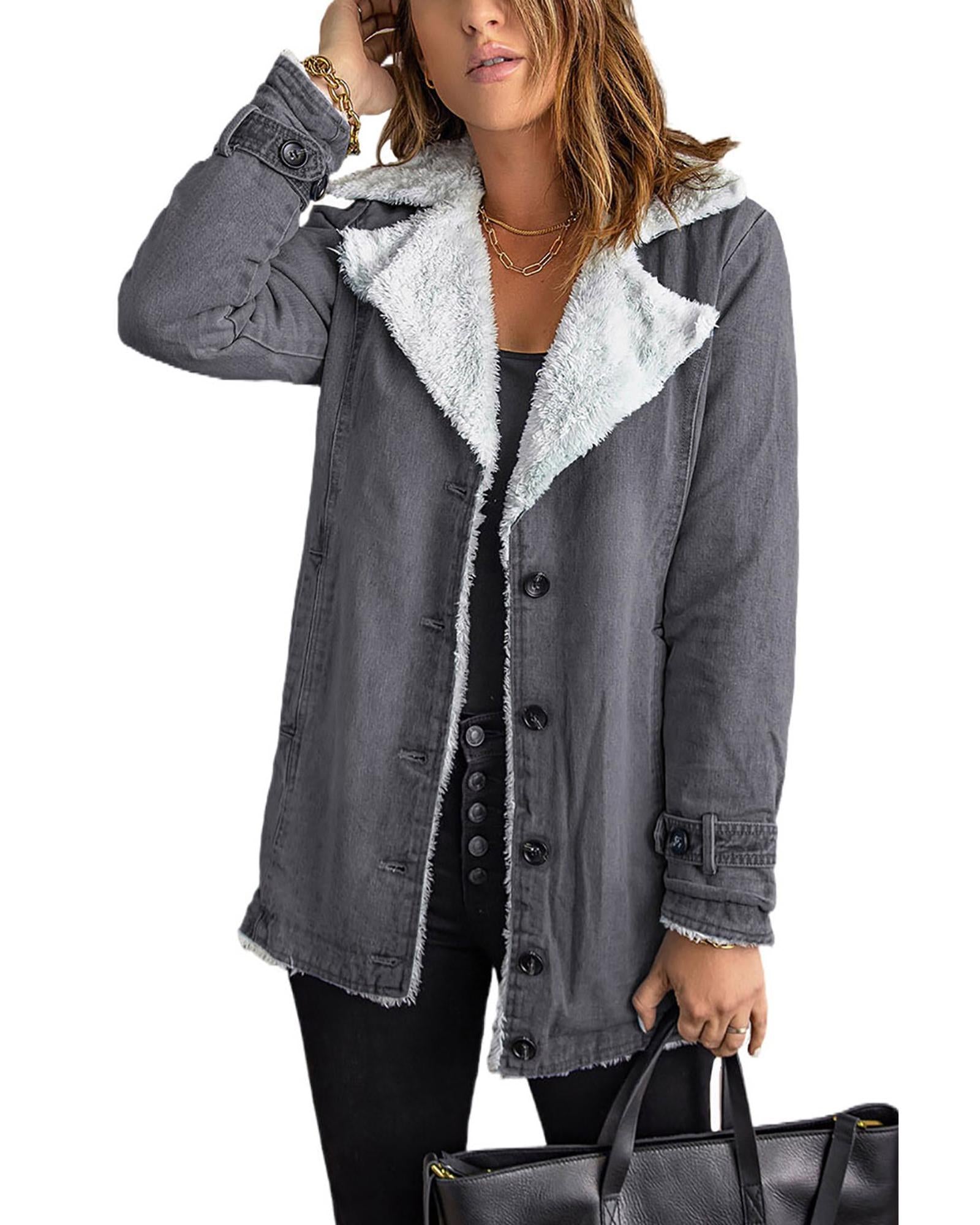 Gray Lapel Collar Button Fleece Jacket - S