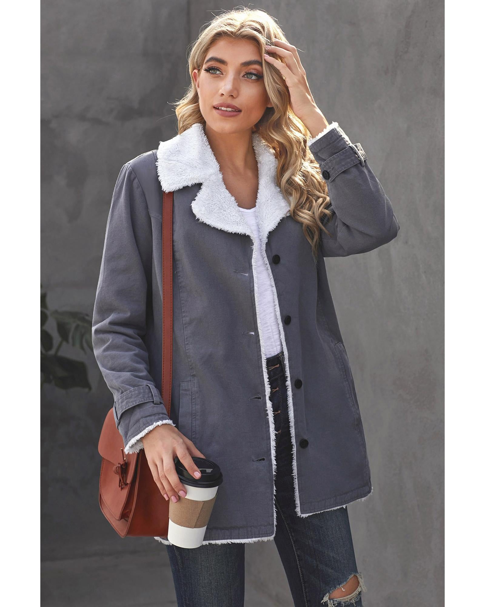 Gray Lapel Collar Button Fleece Jacket - XL