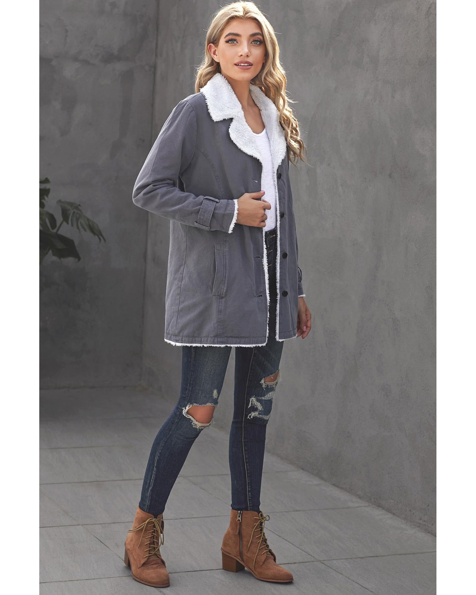 Gray Lapel Collar Button Fleece Jacket - XL