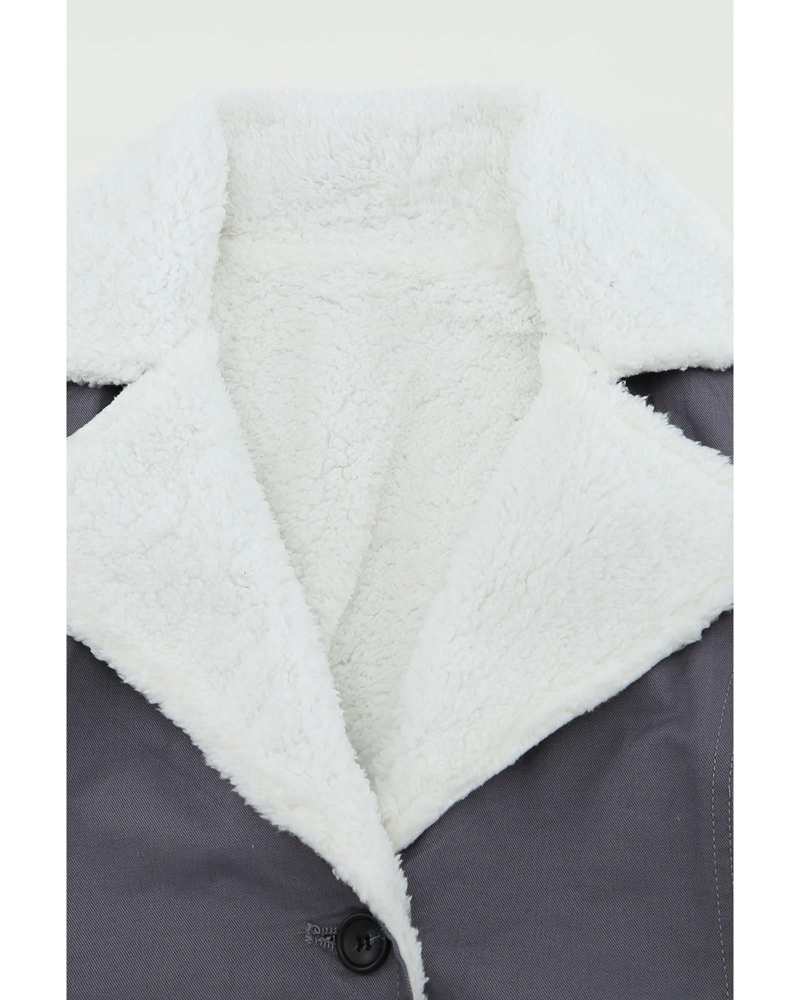 Gray Lapel Collar Button Fleece Jacket - XL