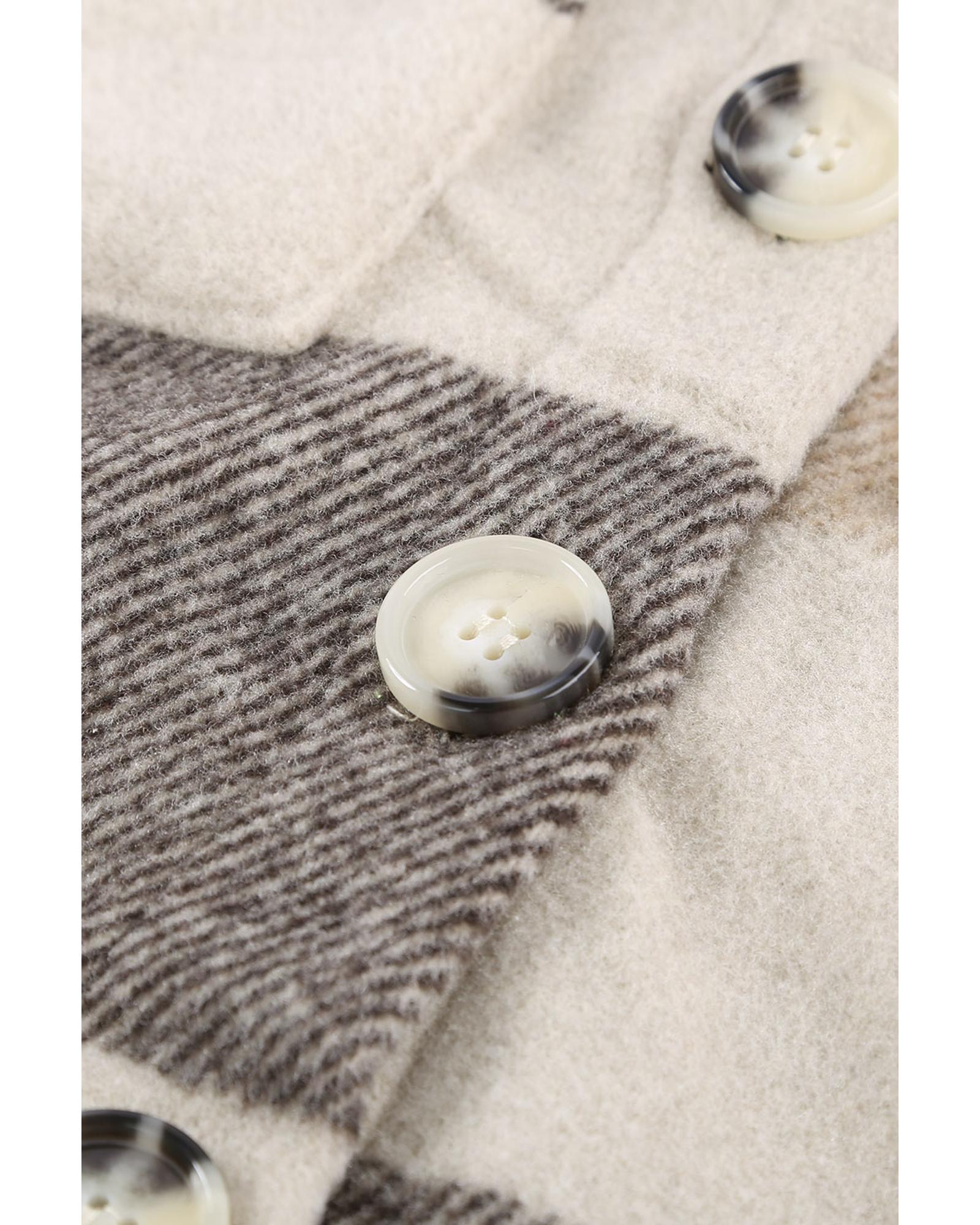 Khaki Plaid Color Block Buttoned Long Sleeve Jacket with Pocket - 2XL