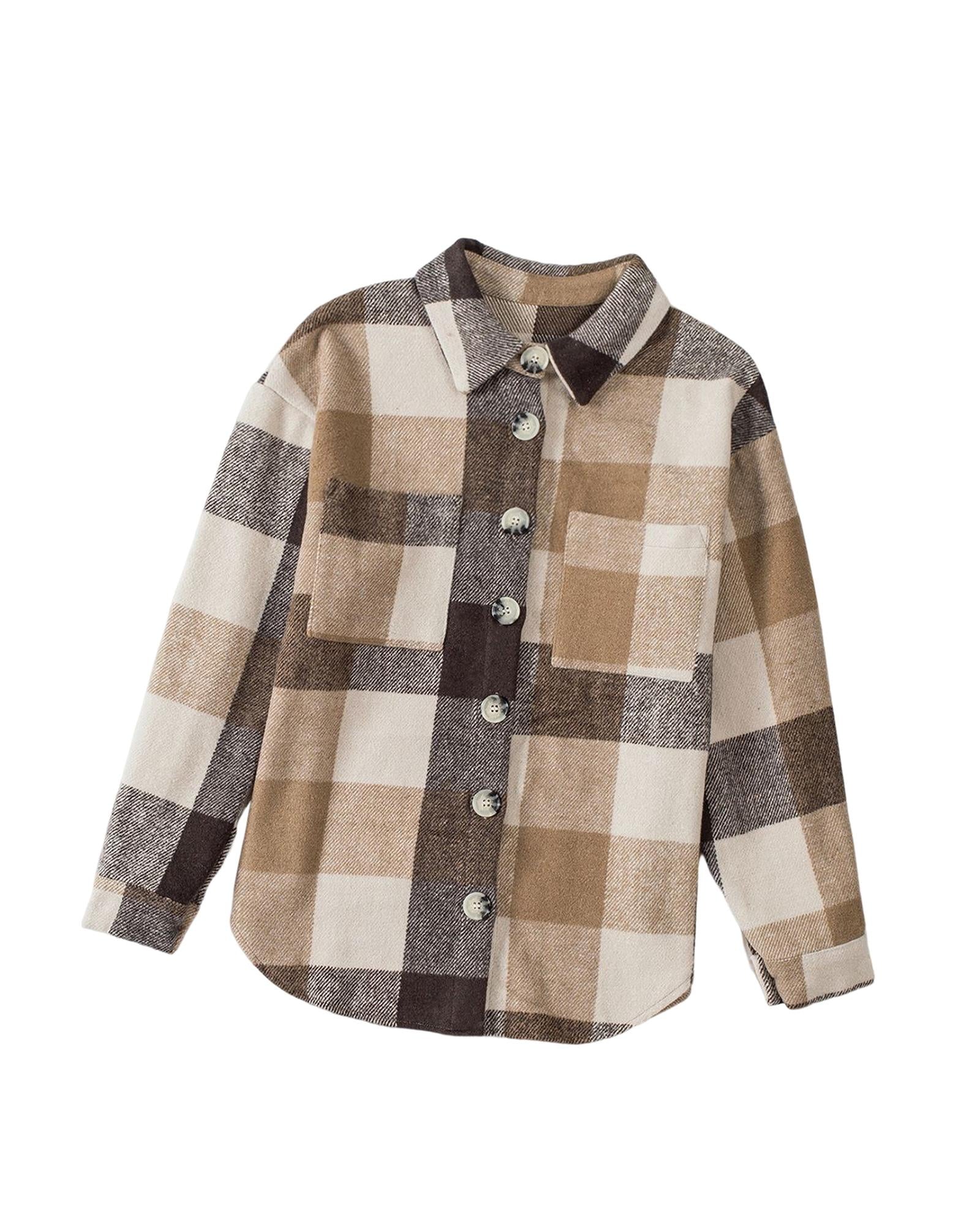 Khaki Plaid Color Block Buttoned Long Sleeve Jacket with Pocket - 2XL