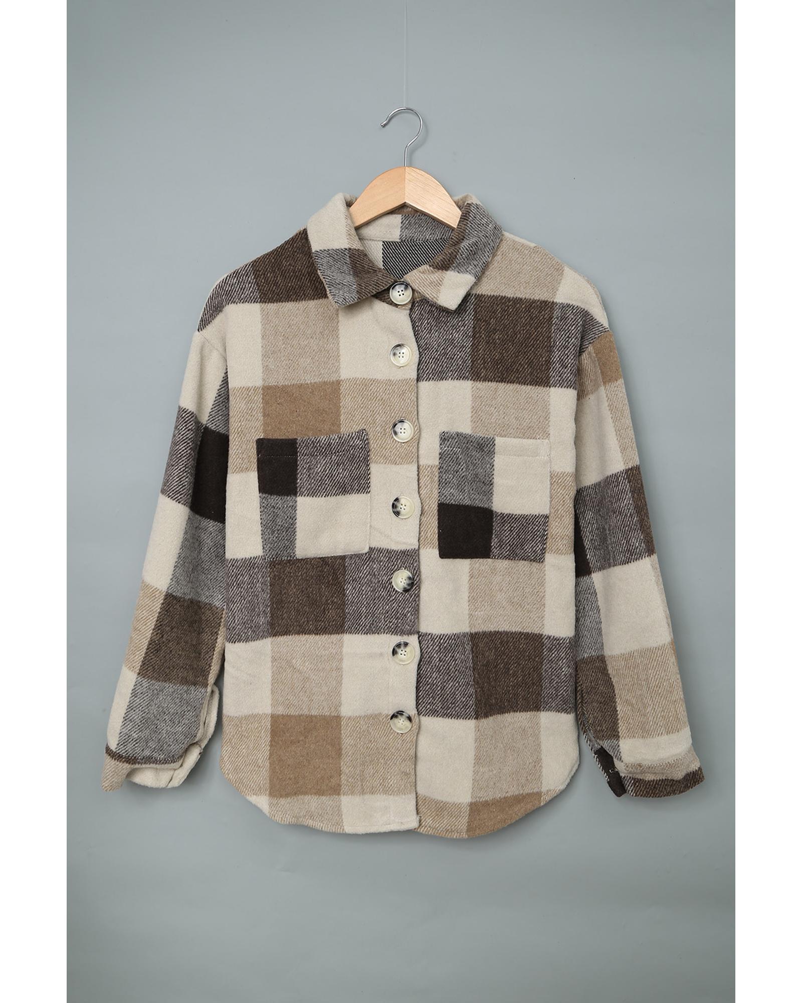 Khaki Plaid Color Block Buttoned Long Sleeve Jacket with Pocket - 2XL