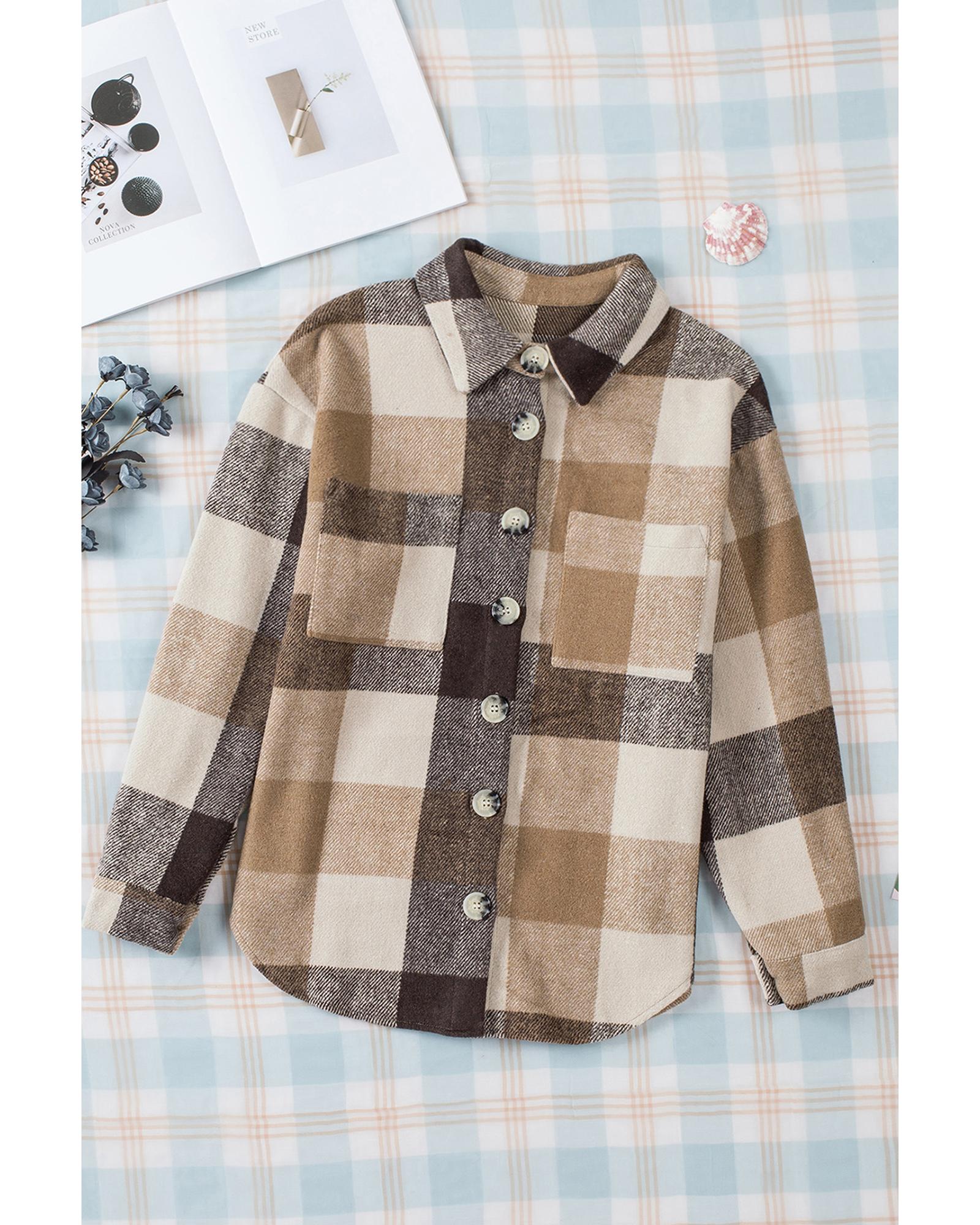 Khaki Plaid Color Block Buttoned Long Sleeve Jacket with Pocket - L