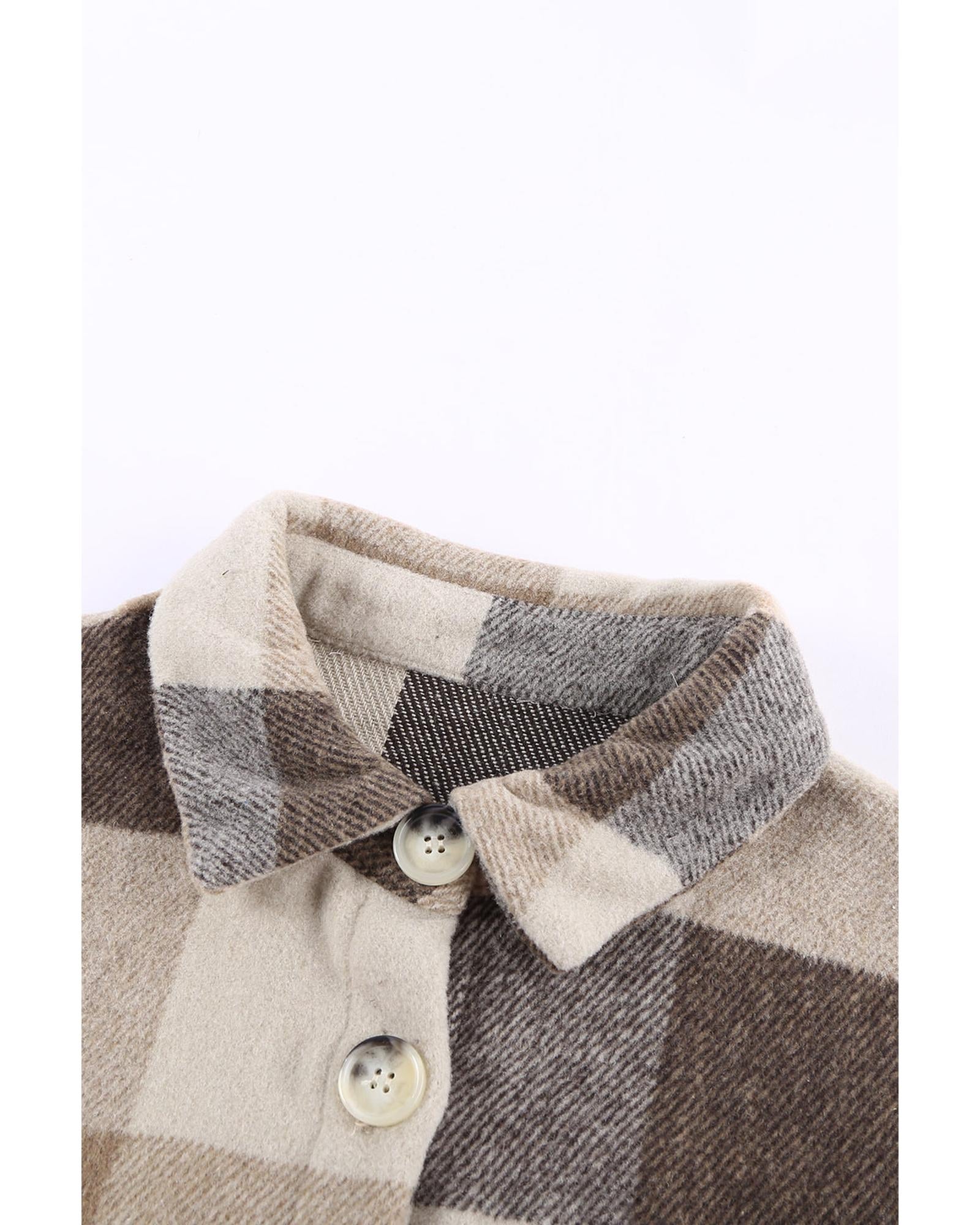 Khaki Plaid Color Block Buttoned Long Sleeve Jacket with Pocket - M