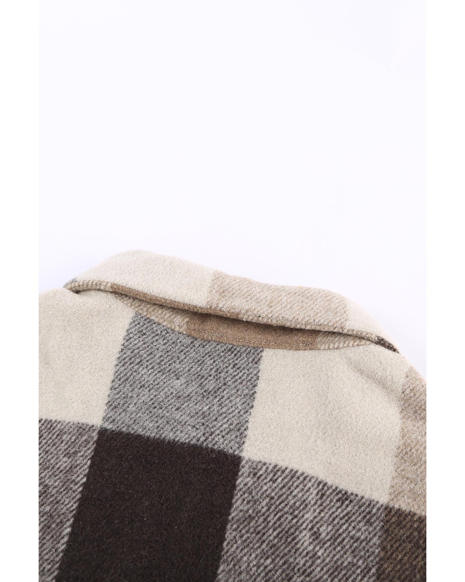 Khaki Plaid Color Block Buttoned Long Sleeve Jacket with Pocket - M