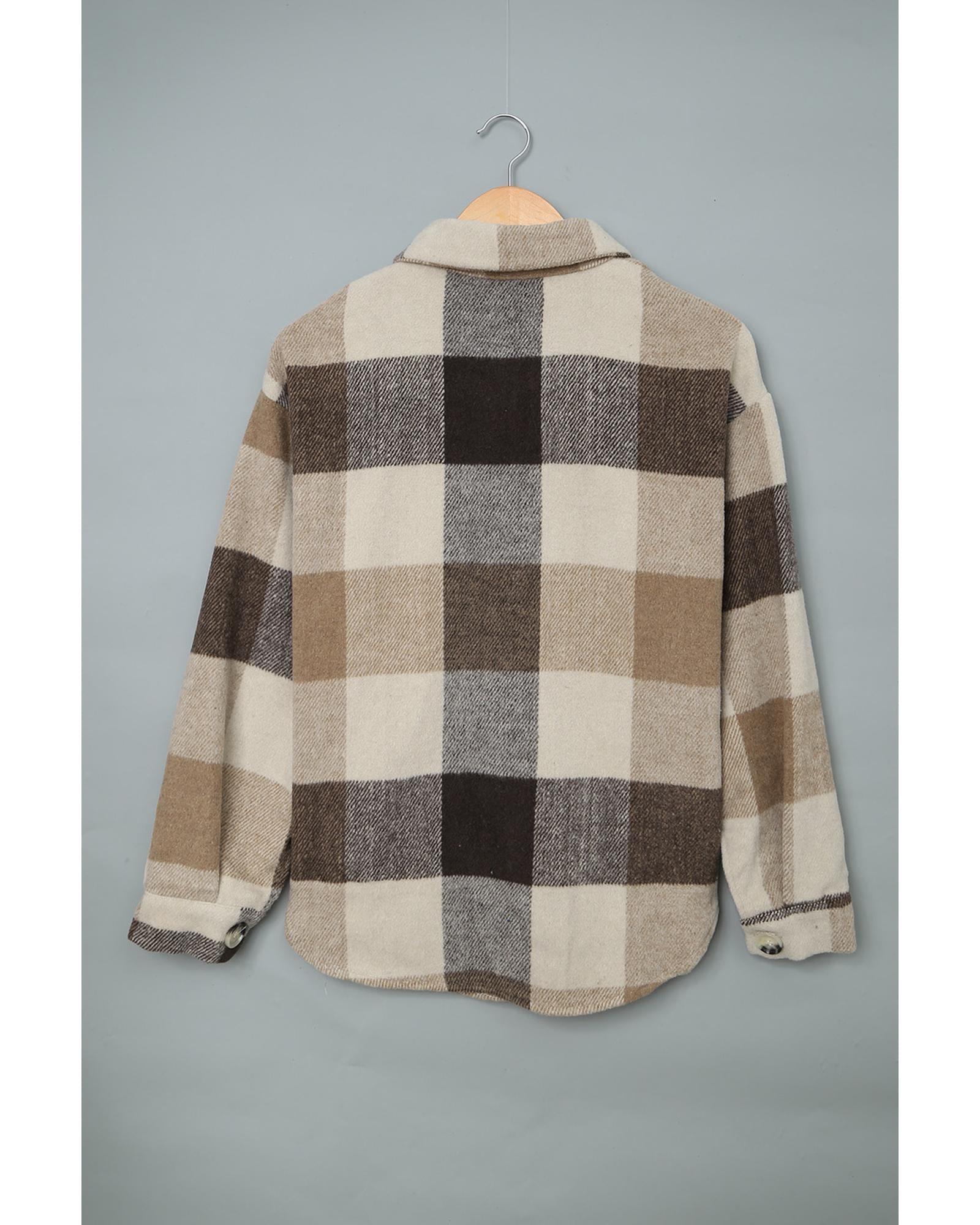 Khaki Plaid Color Block Buttoned Long Sleeve Jacket with Pocket - S