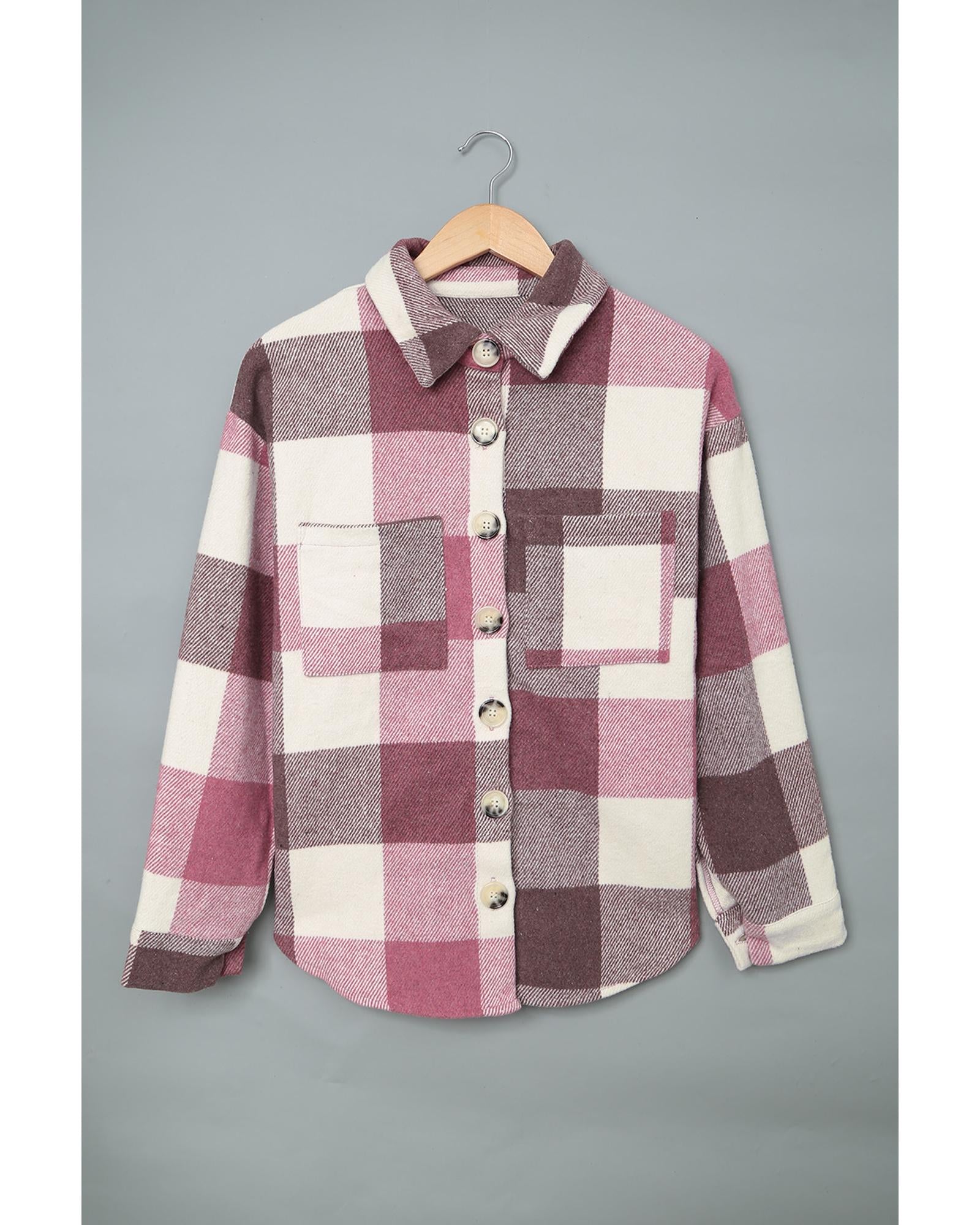 Plaid Color Block Buttoned Long Sleeve Jacket with Pocket - M
