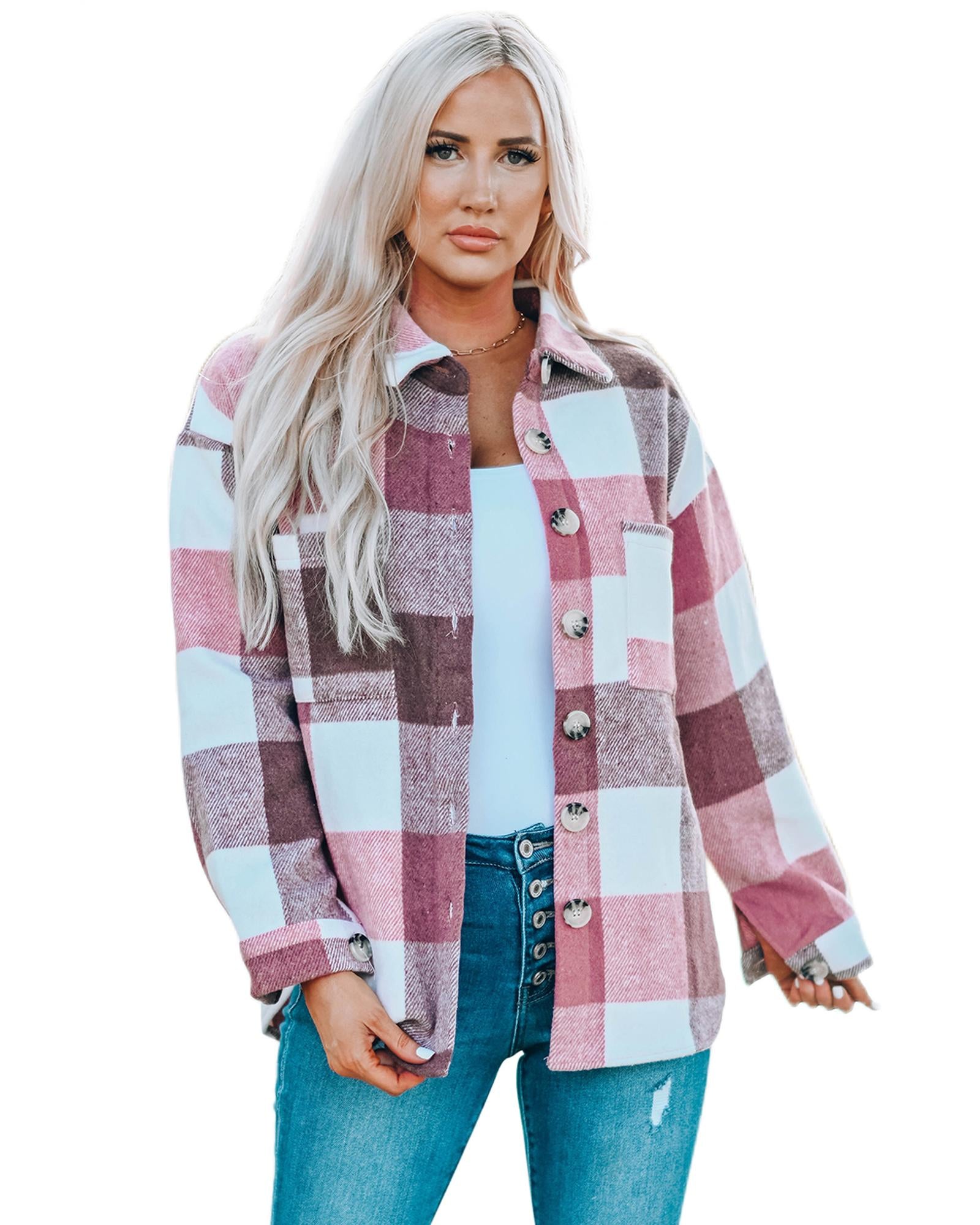 Plaid Color Block Buttoned Long Sleeve Jacket with Pocket - M