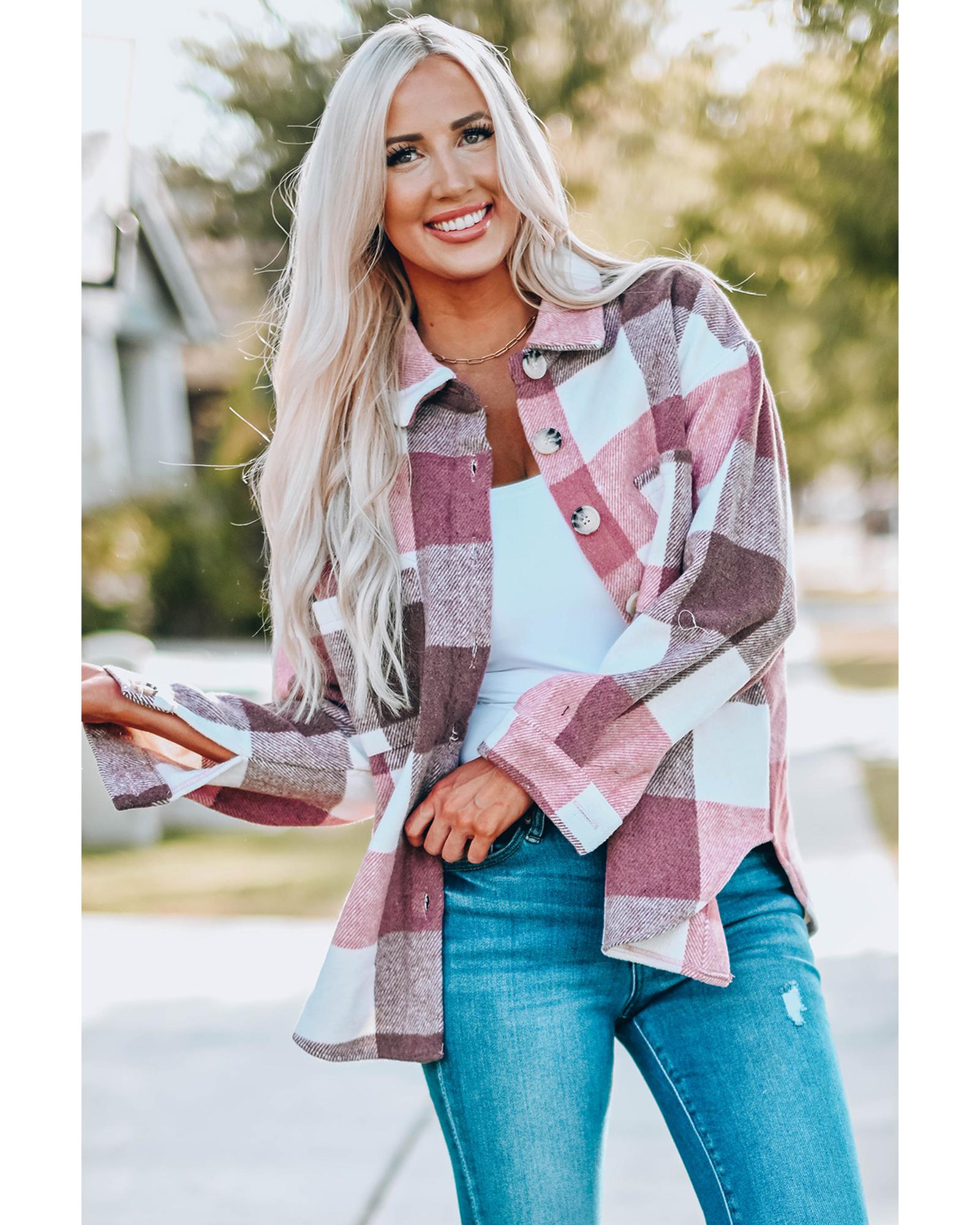 Plaid Color Block Buttoned Long Sleeve Jacket with Pocket - M
