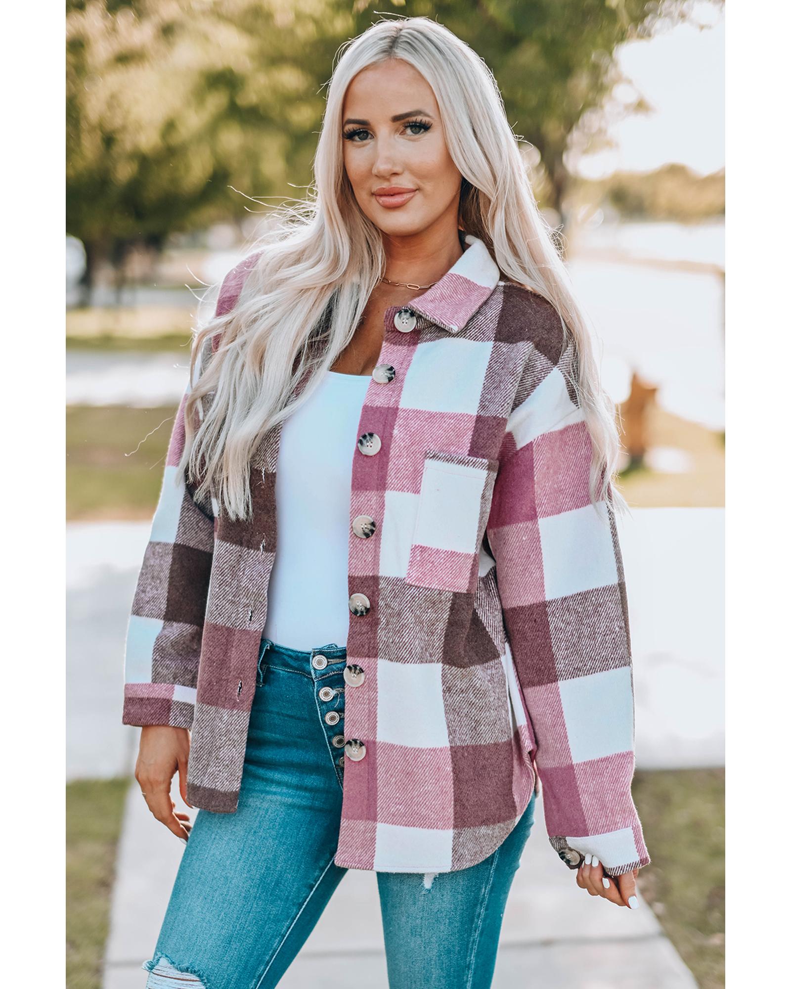 Plaid Color Block Buttoned Long Sleeve Jacket with Pocket - M