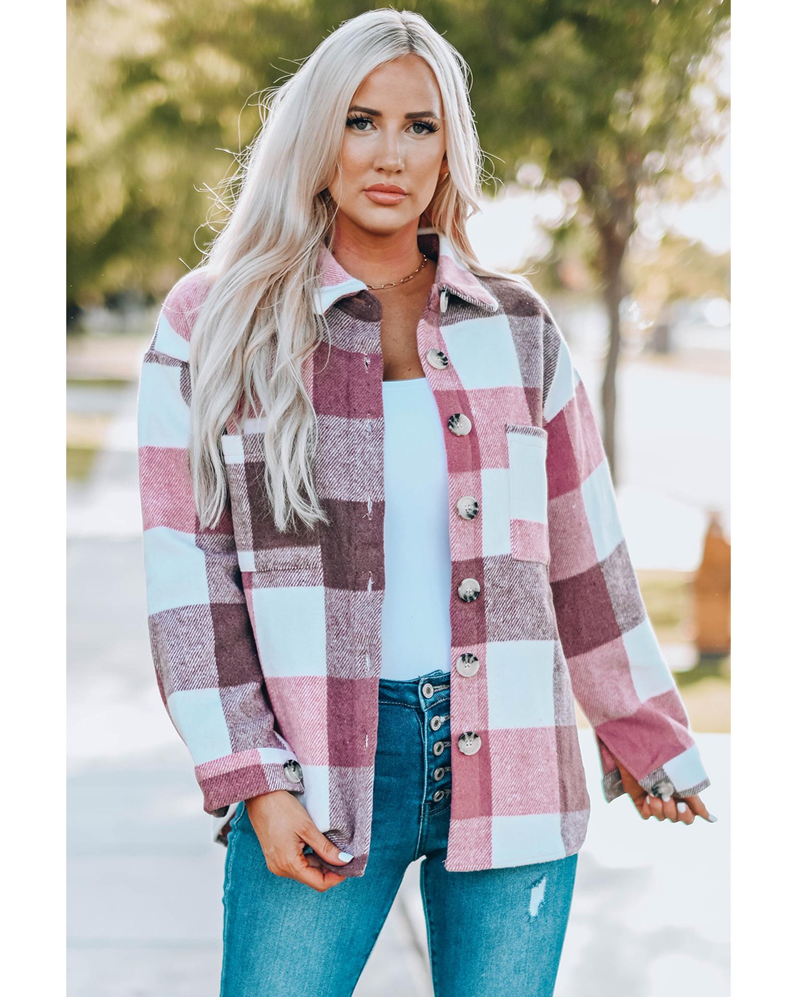 Plaid Color Block Buttoned Long Sleeve Jacket with Pocket - M