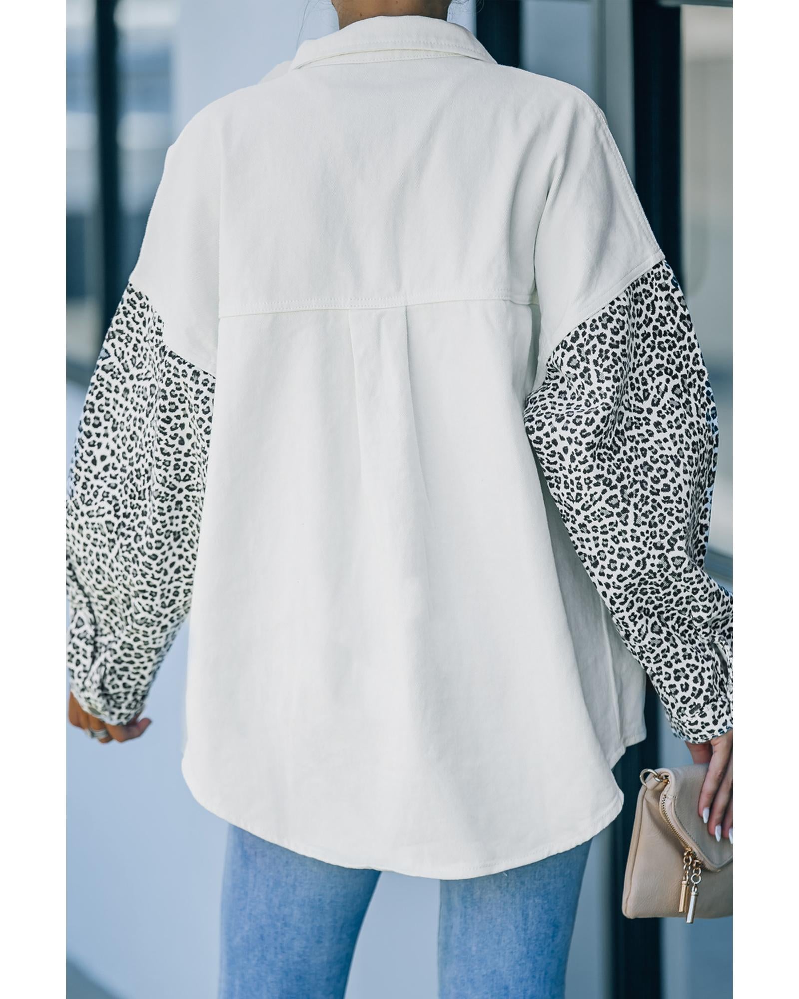 White Contrast Leopard Denim Jacket - 2XL