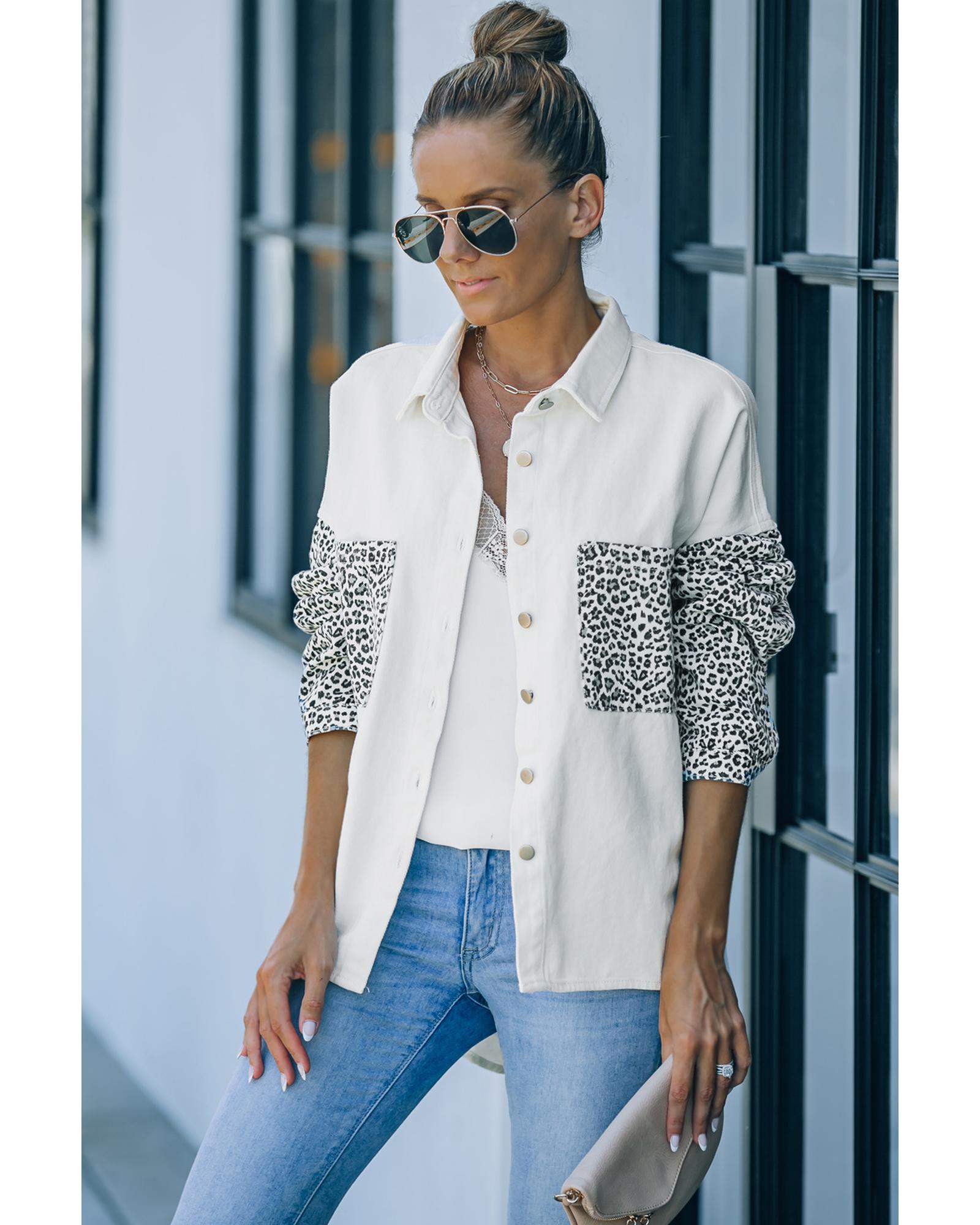 White Contrast Leopard Denim Jacket - M