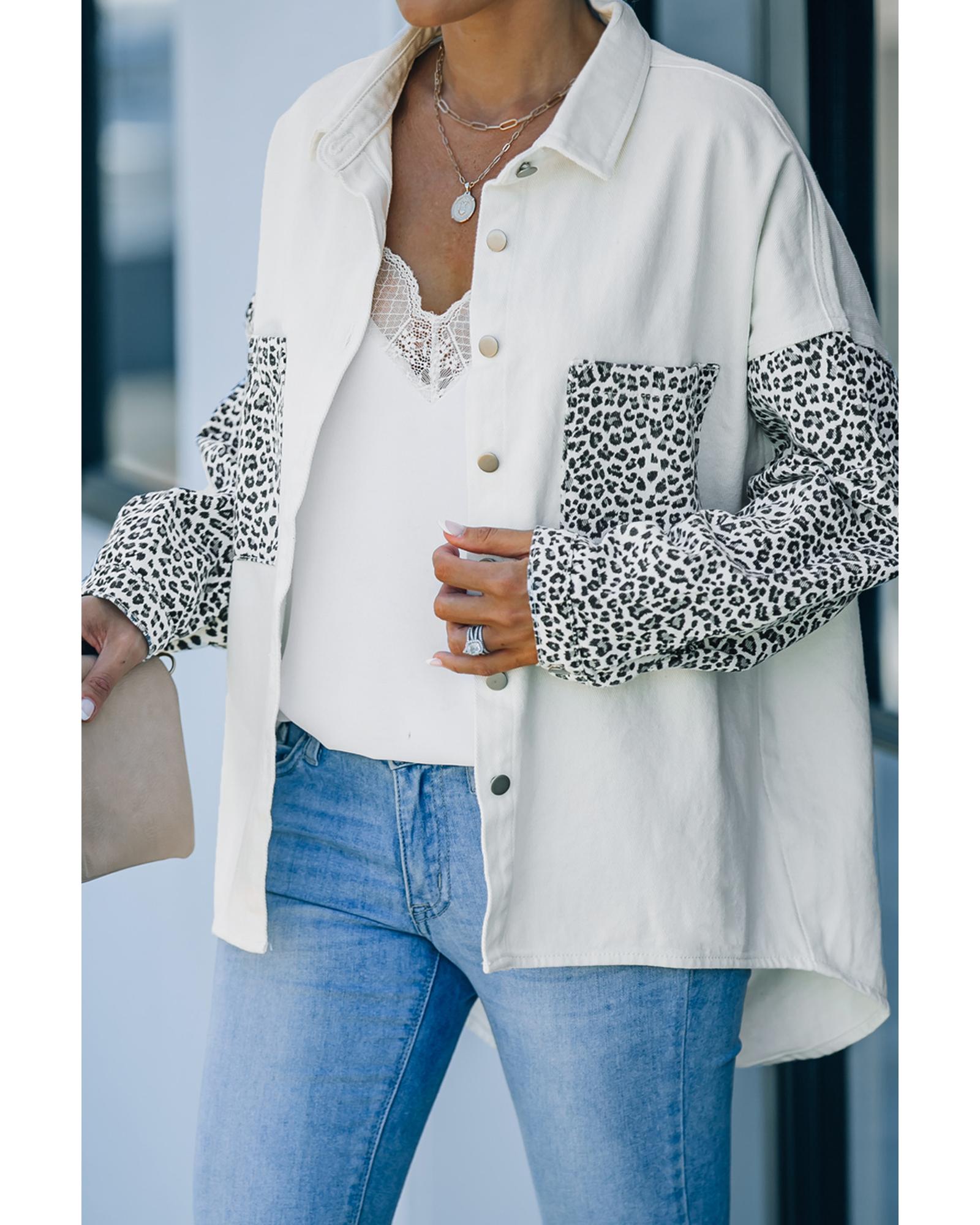 White Contrast Leopard Denim Jacket - M
