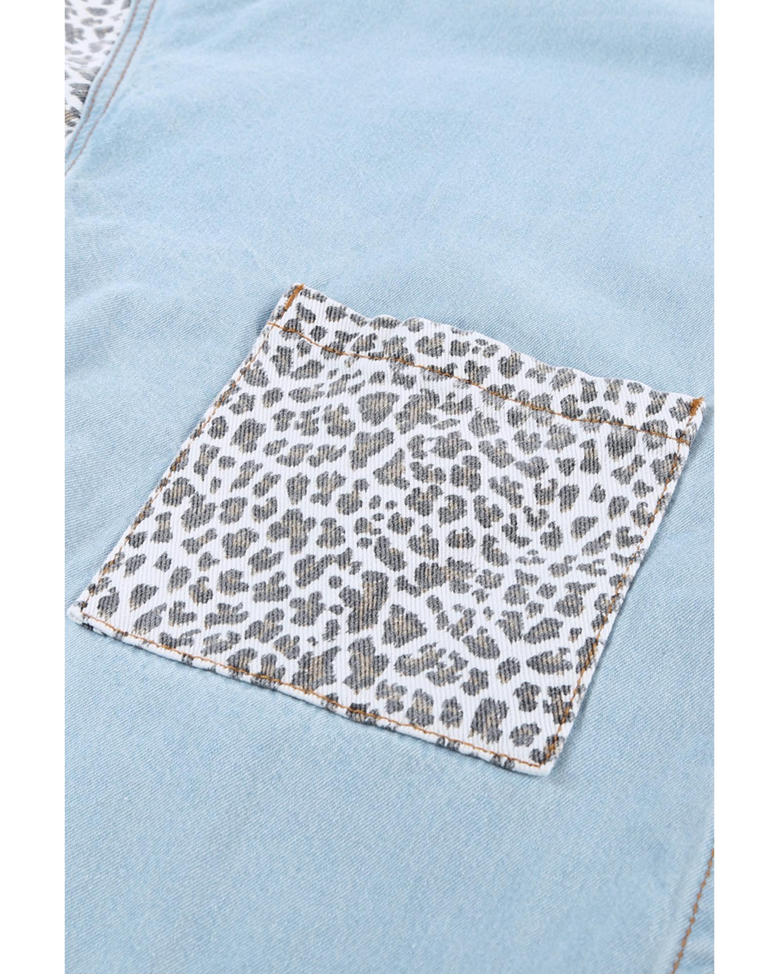 Sky Blue Contrast Leopard Denim Jacket - L