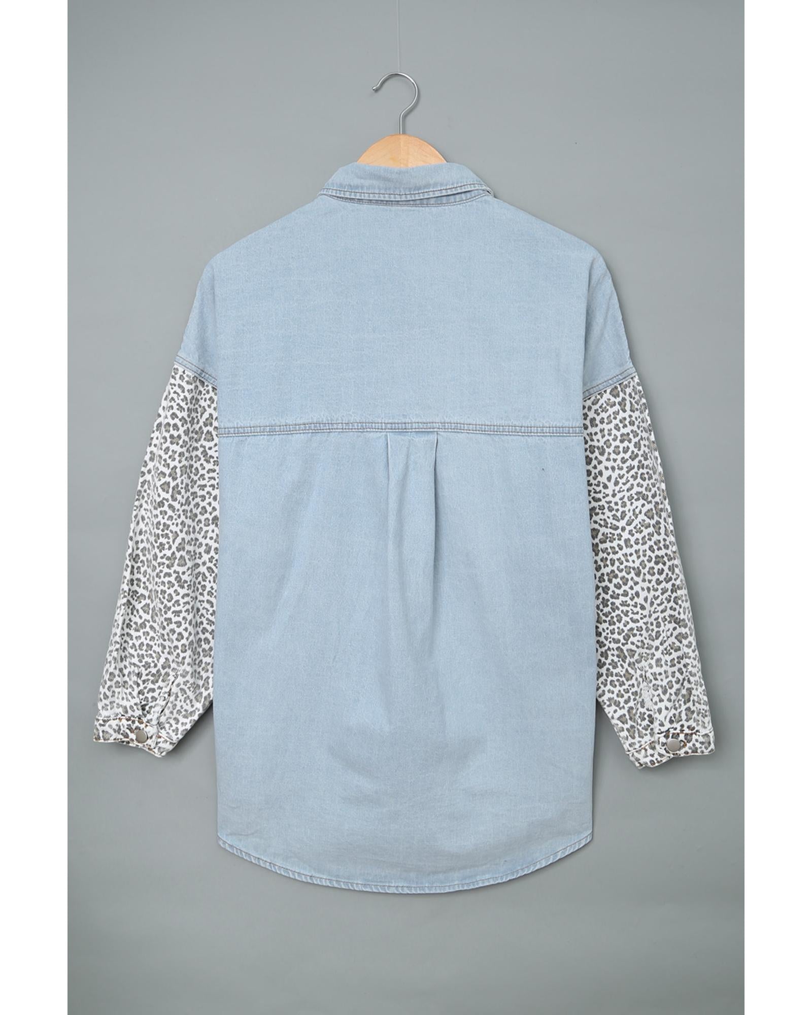 Sky Blue Contrast Leopard Denim Jacket - L