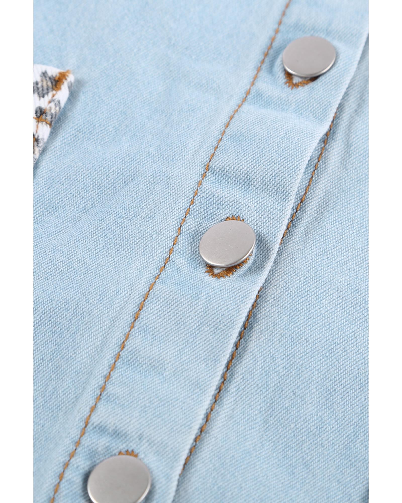 Sky Blue Contrast Leopard Denim Jacket - L