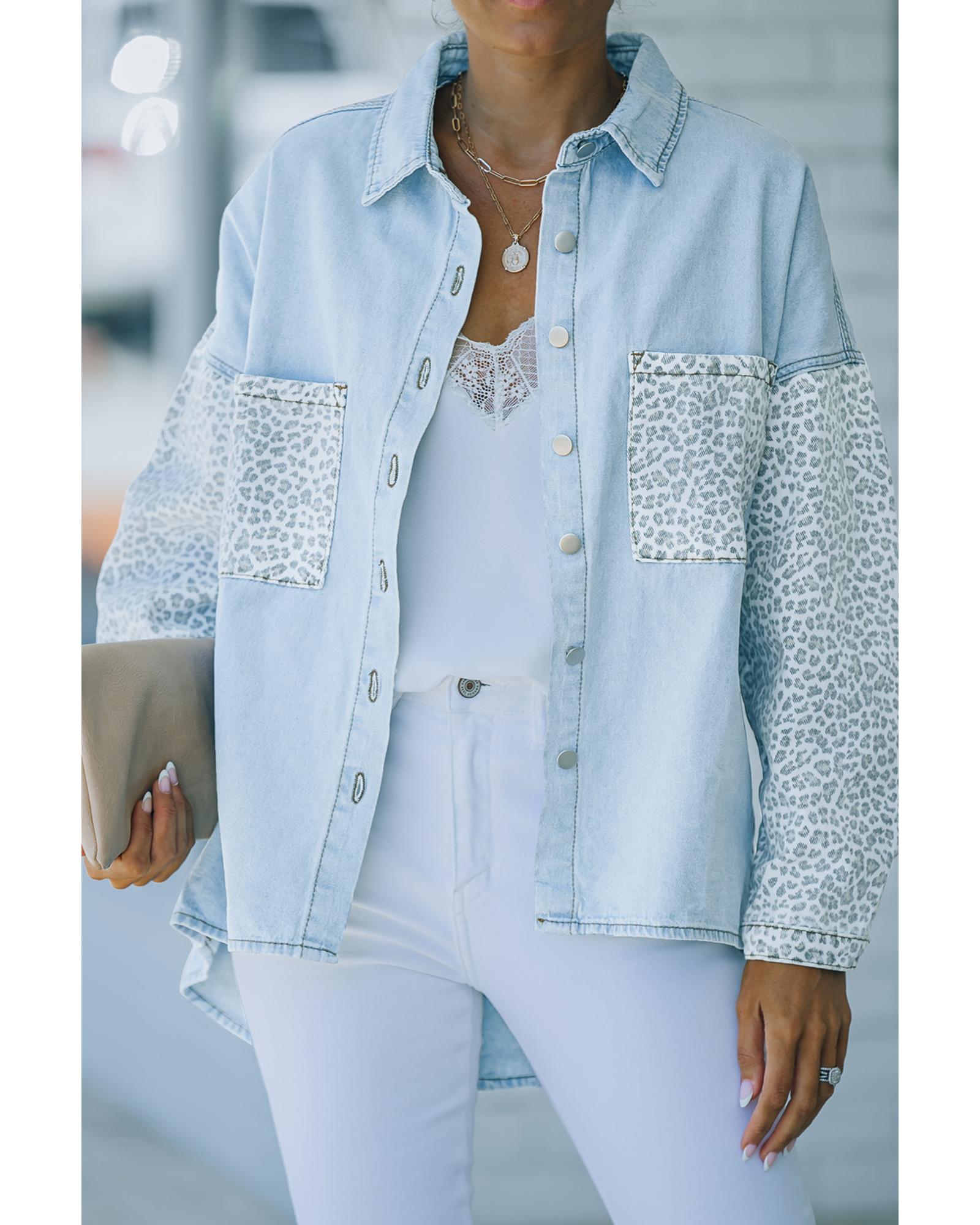 Sky Blue Contrast Leopard Denim Jacket - S