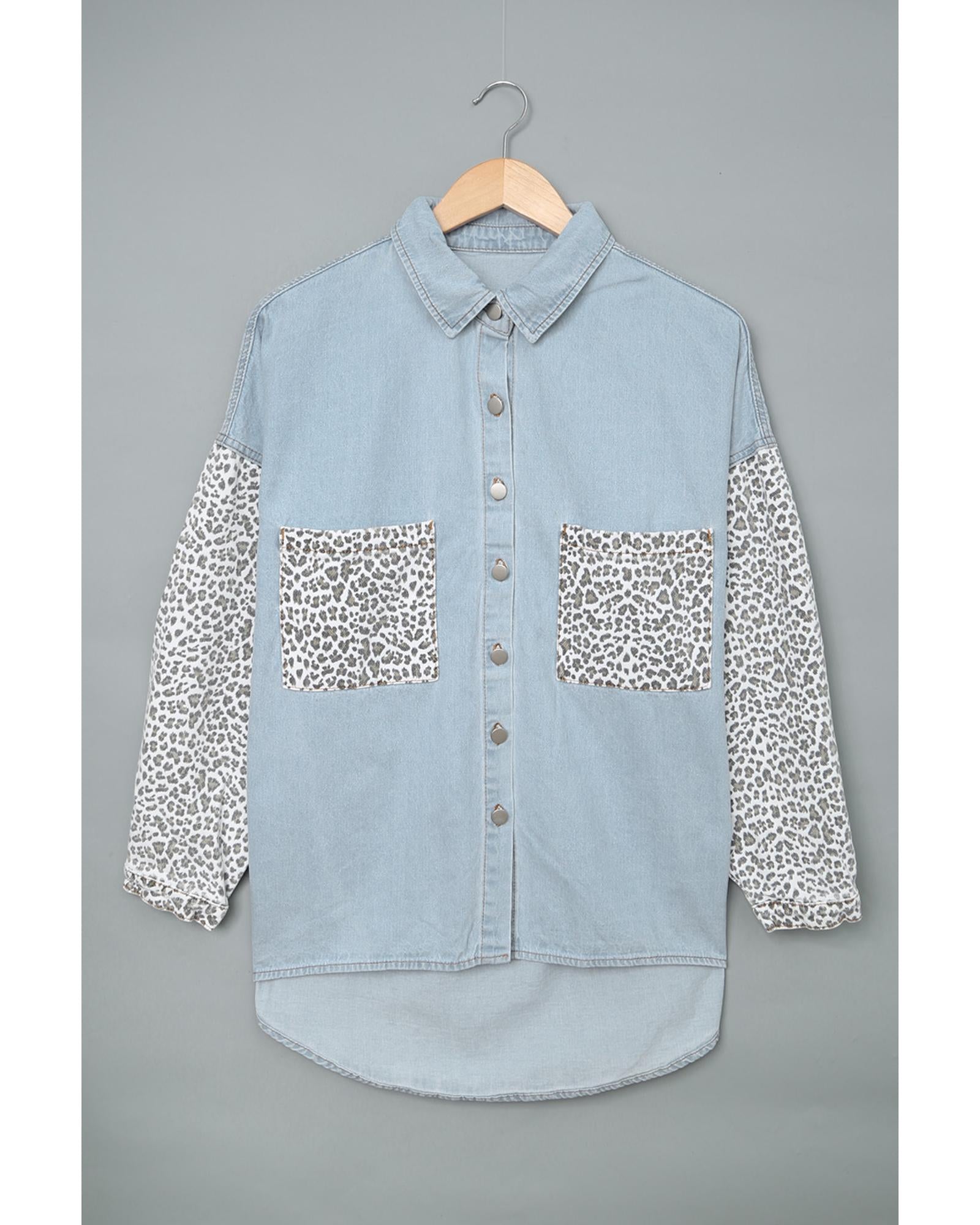 Sky Blue Contrast Leopard Denim Jacket - XL