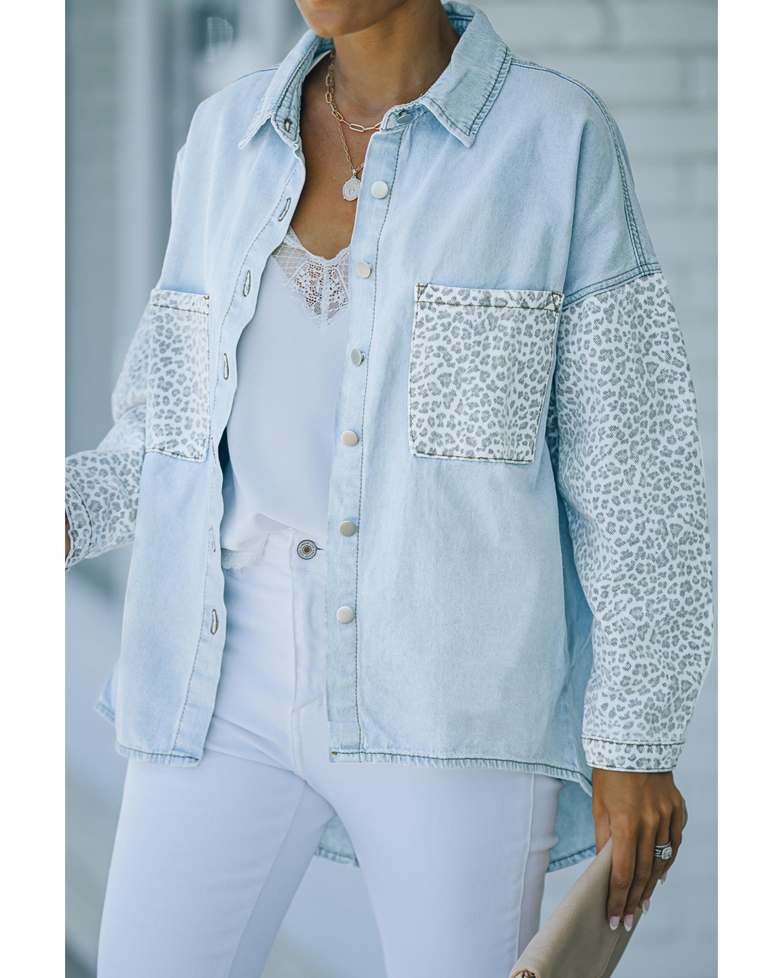 Sky Blue Contrast Leopard Denim Jacket - XL