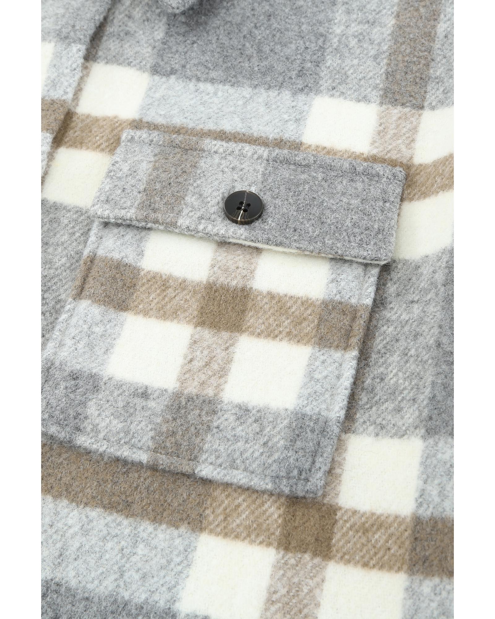 Brown Plaid Print Pocket Women Shacket - 2XL