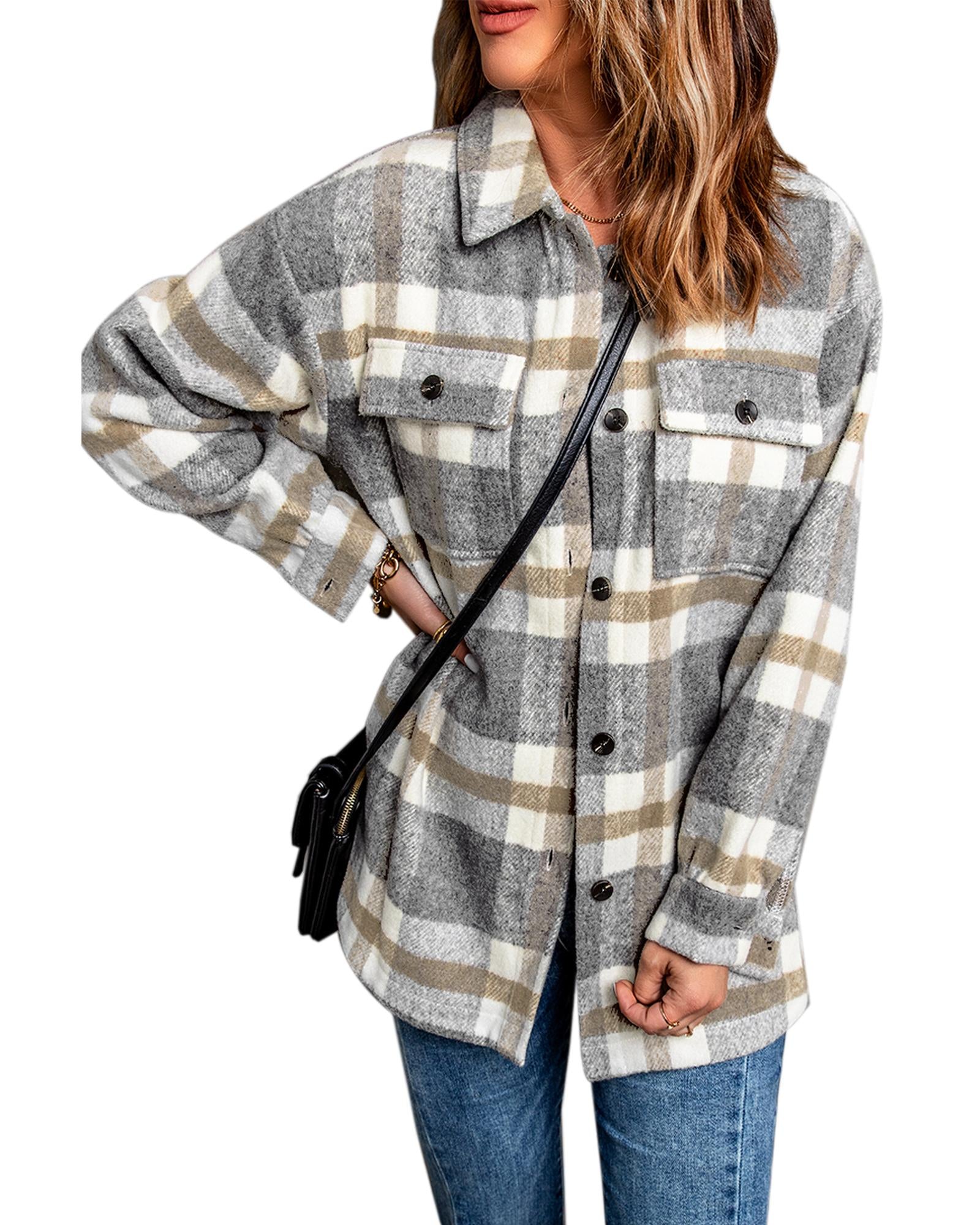 Brown Plaid Print Pocket Women Shacket - M