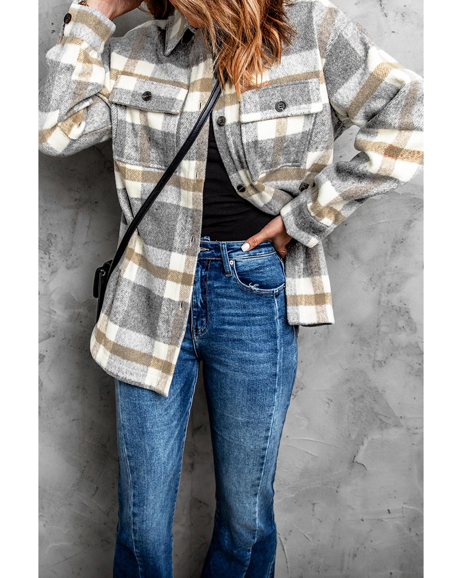 Brown Plaid Print Pocket Women Shacket - M