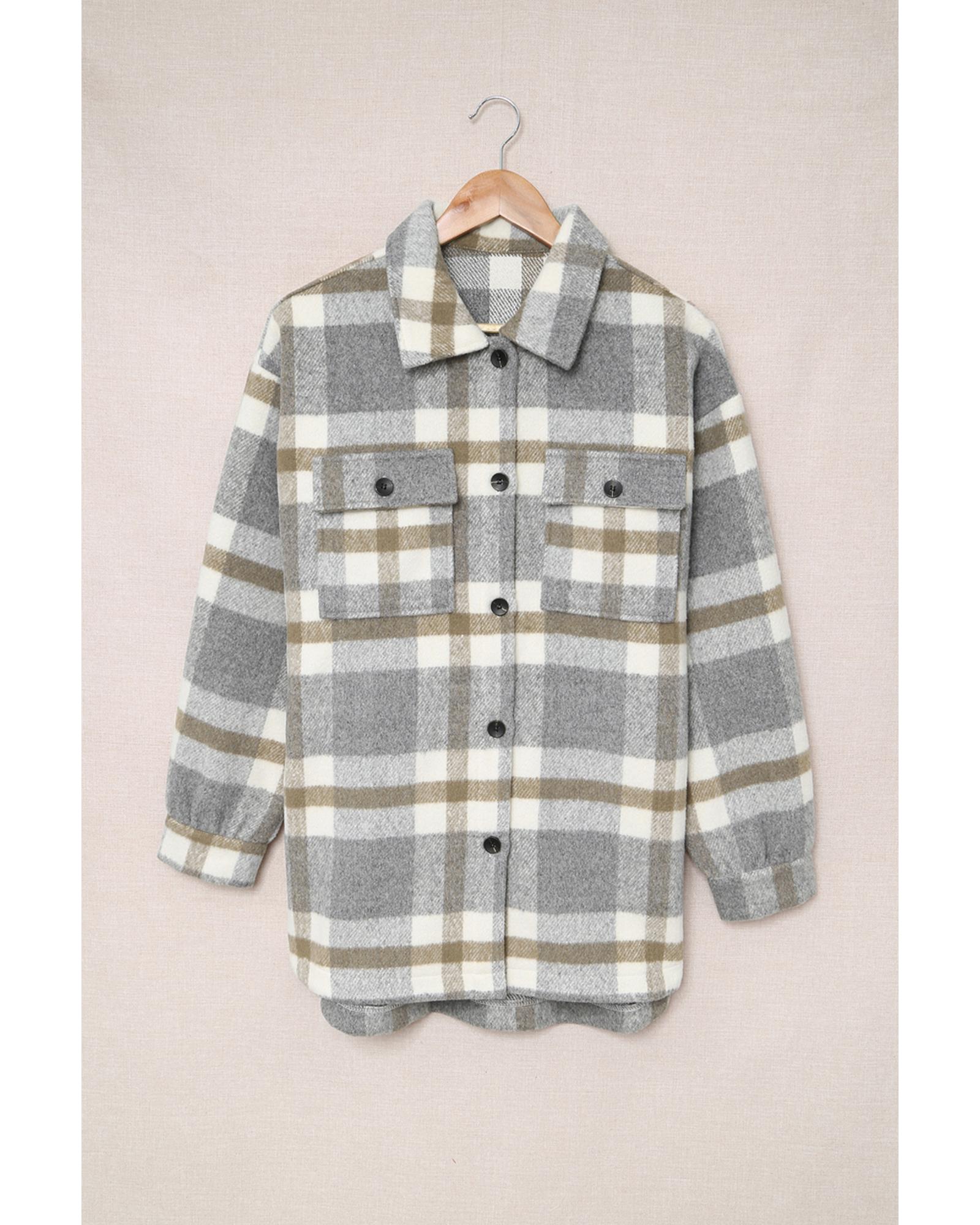 Brown Plaid Print Pocket Women Shacket - M