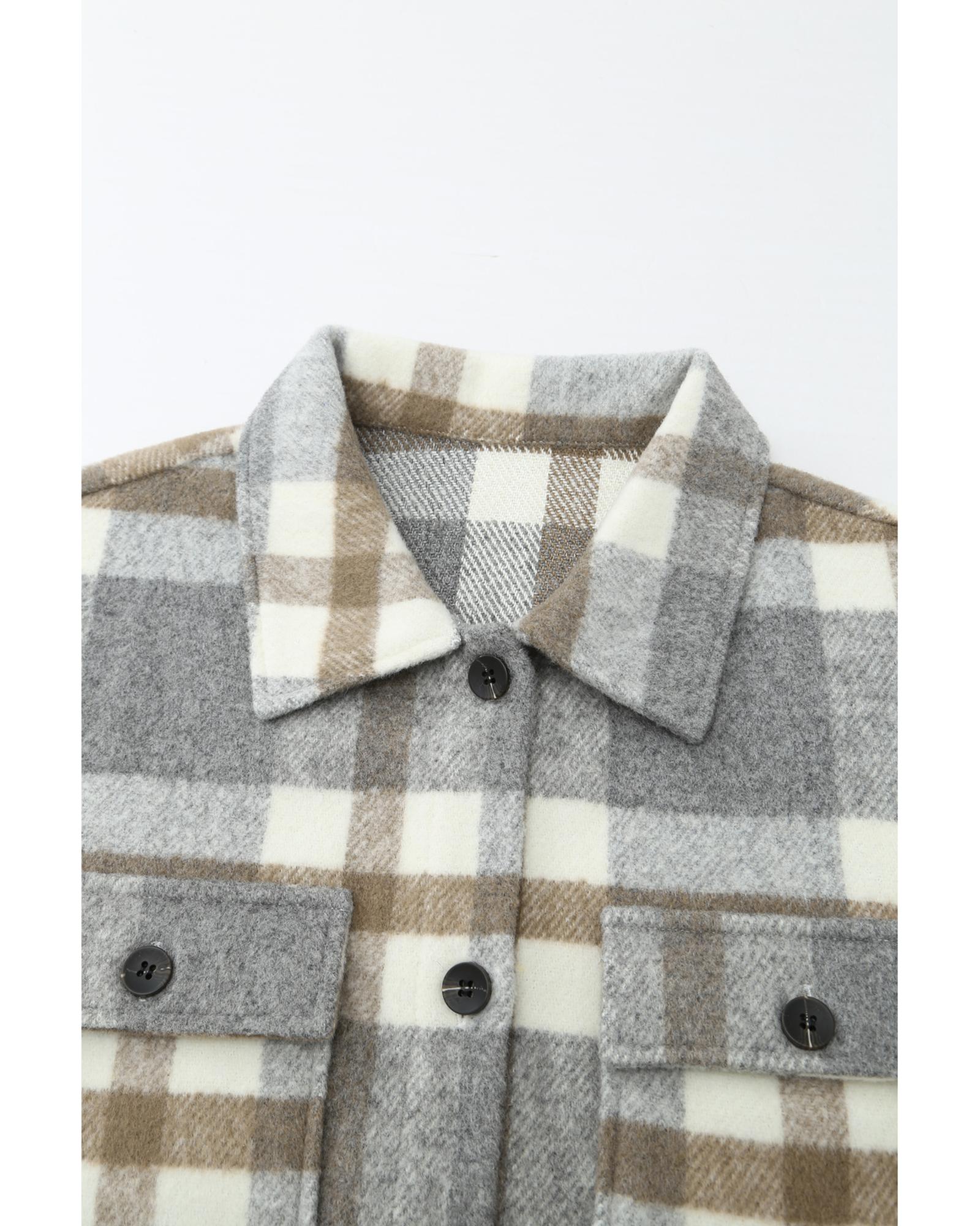 Brown Plaid Print Pocket Women Shacket - M