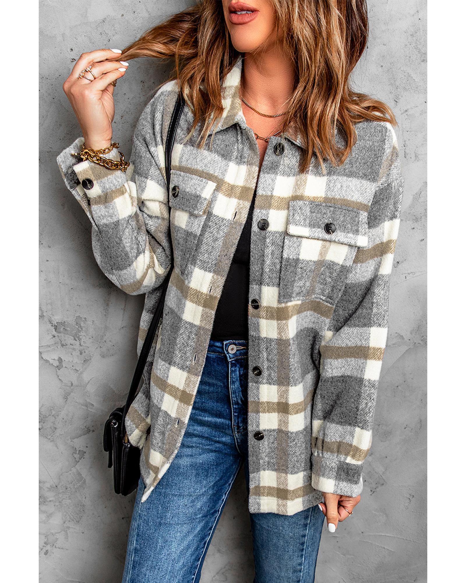 Brown Plaid Print Pocket Women Shacket - M